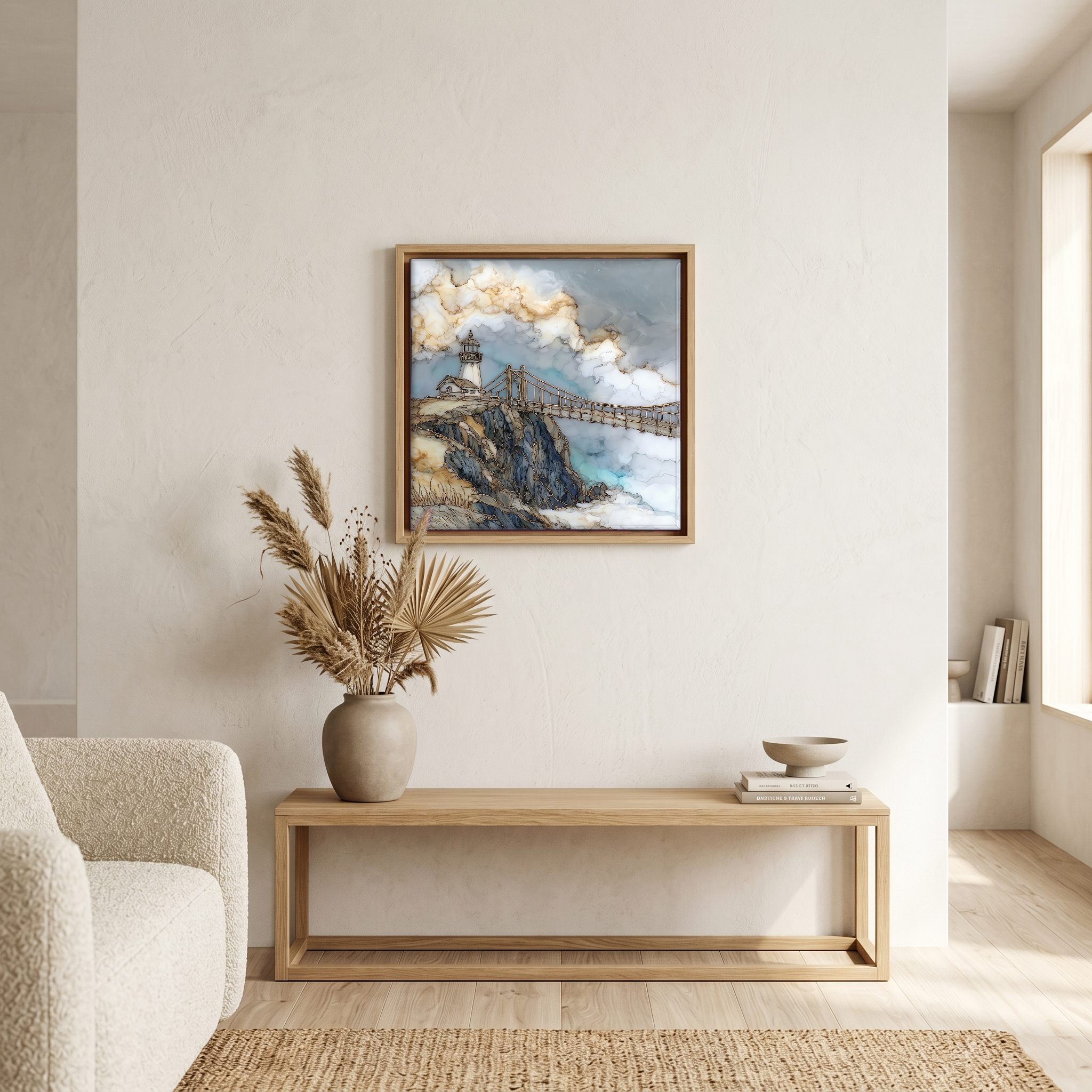 Above the bench, in a warm oak surround.
