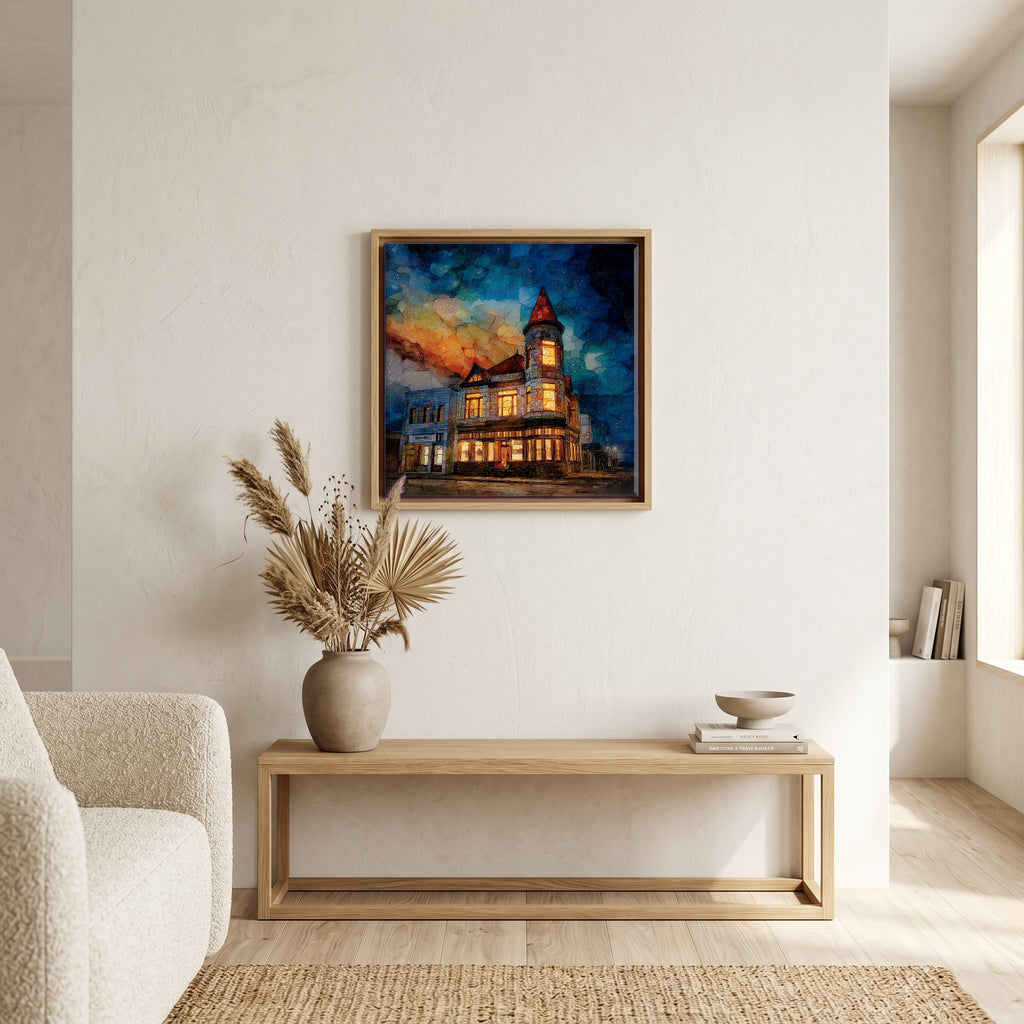 In the living room, above the sofa.