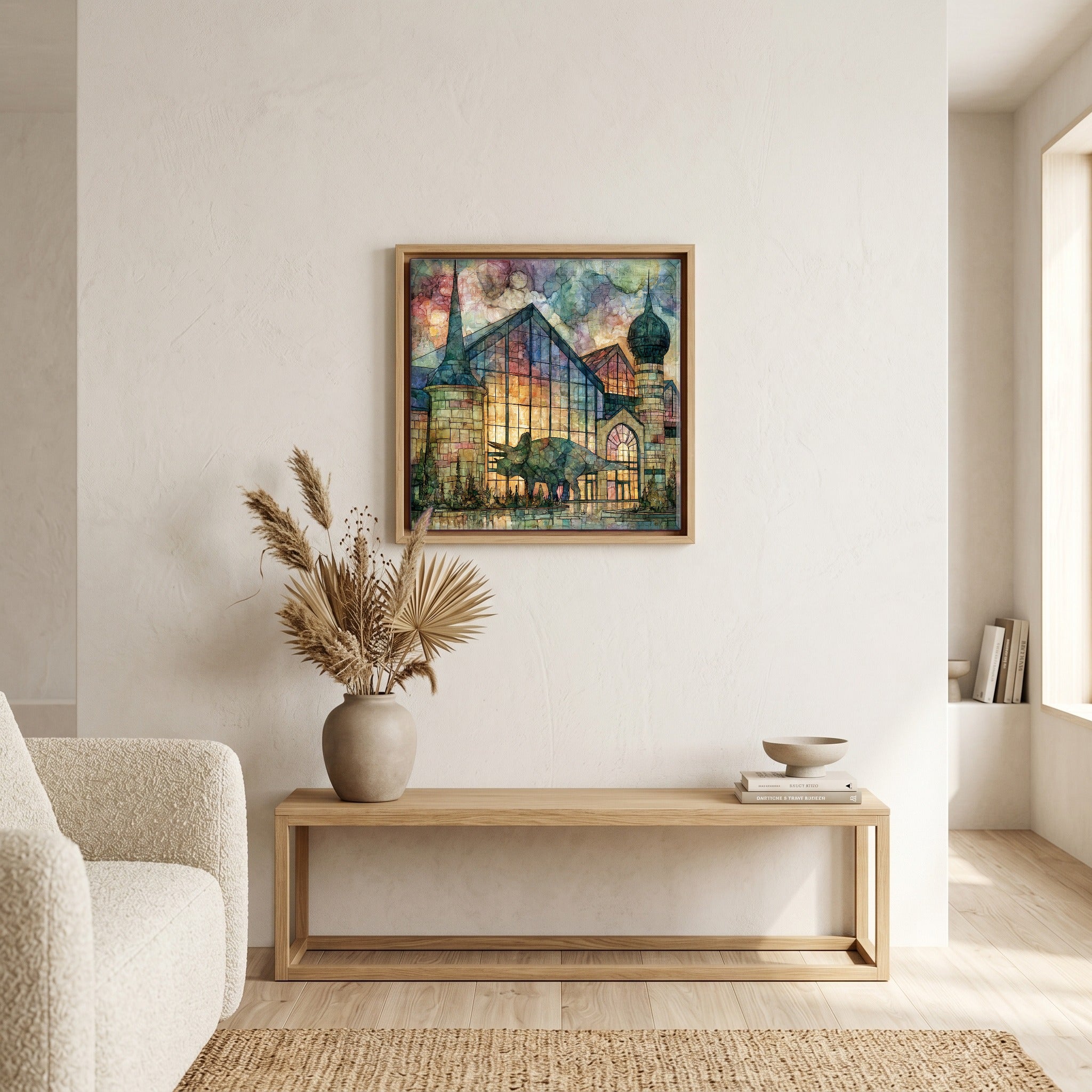 In the living room, above the sofa.