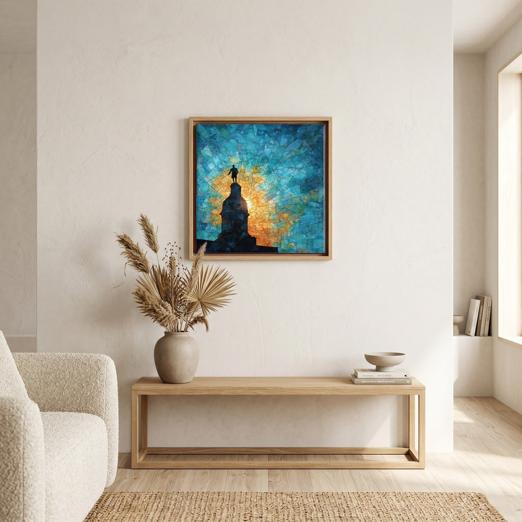 In the living room, above the sofa.