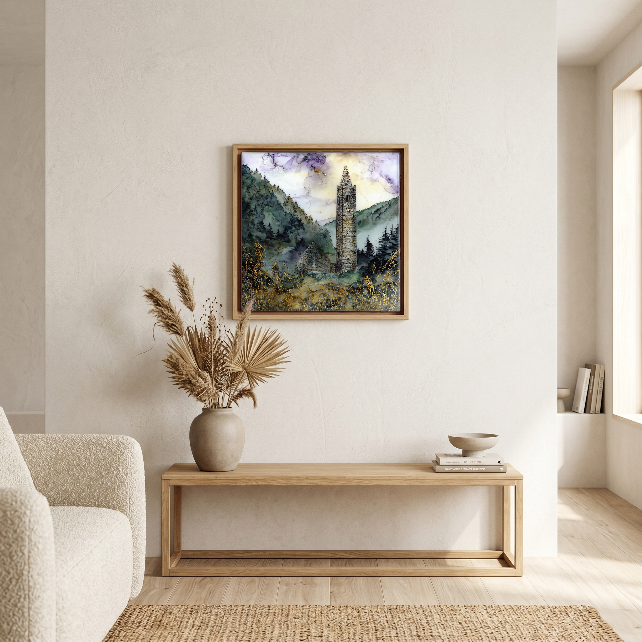 Above the bench, in a warm oak surround.