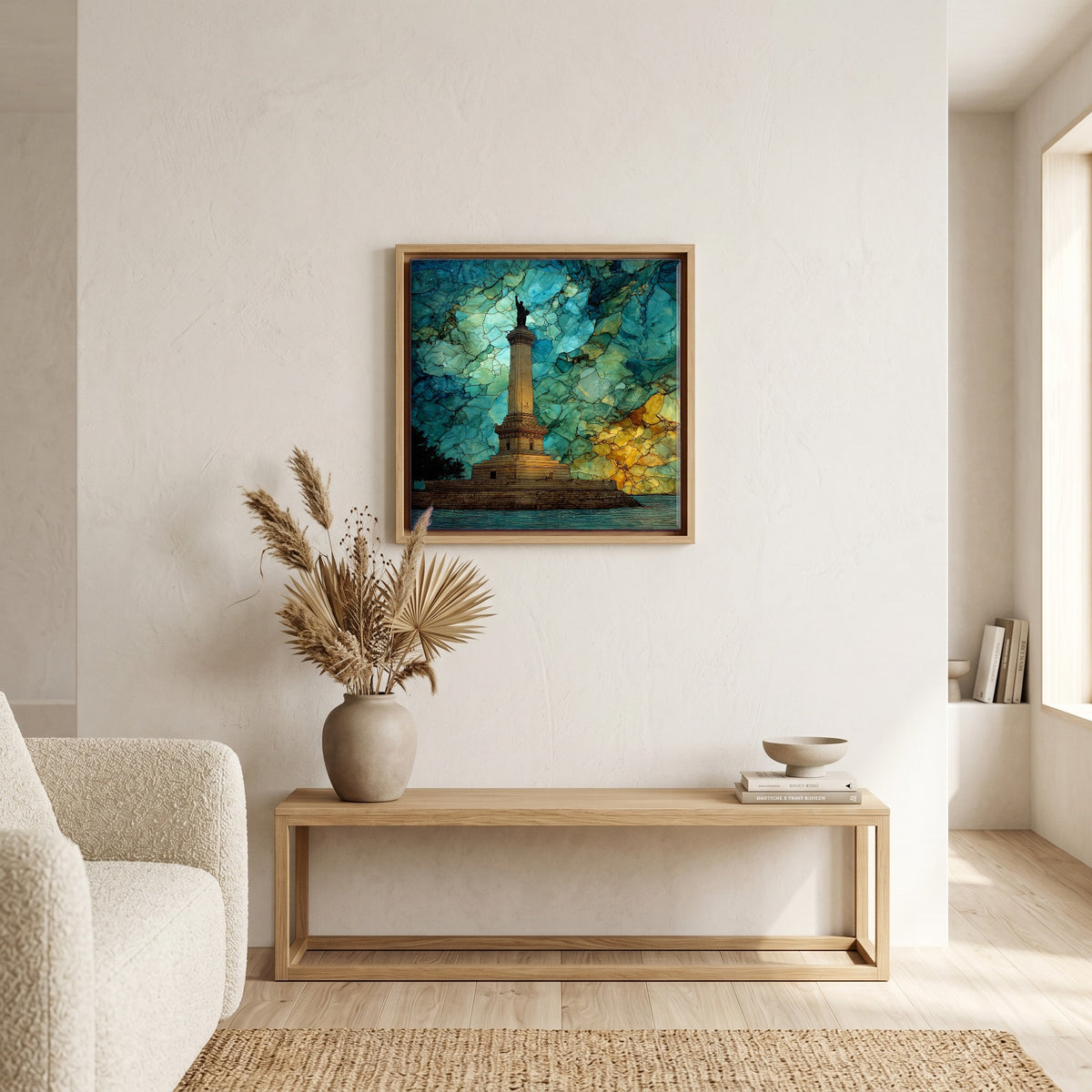 In the living room, above the sofa.