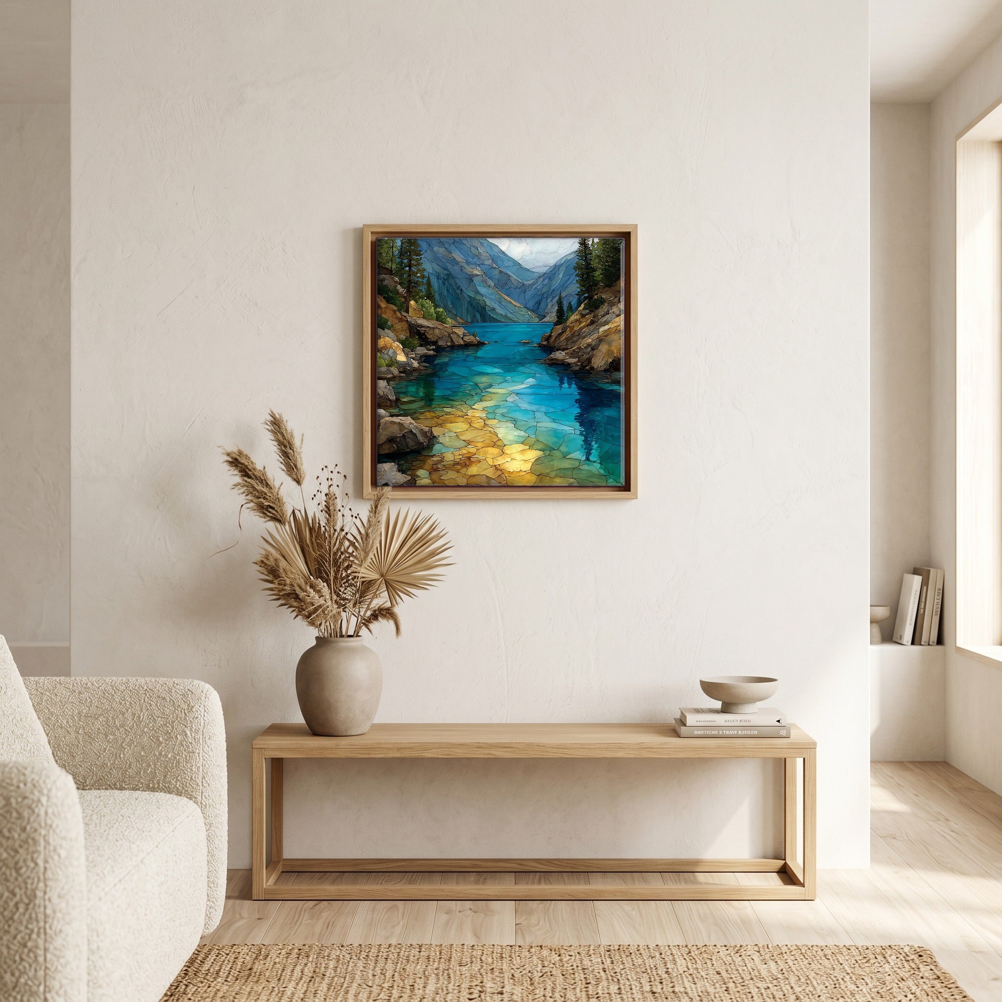 In the living room, above the sofa.