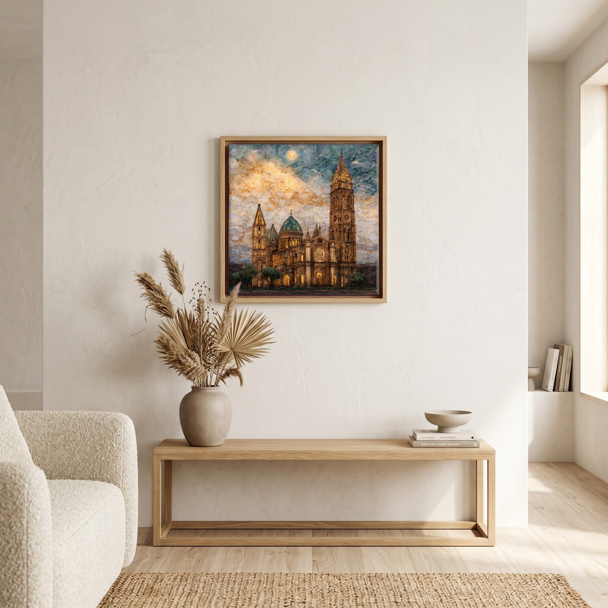 Above the bench, in a warm oak surround.