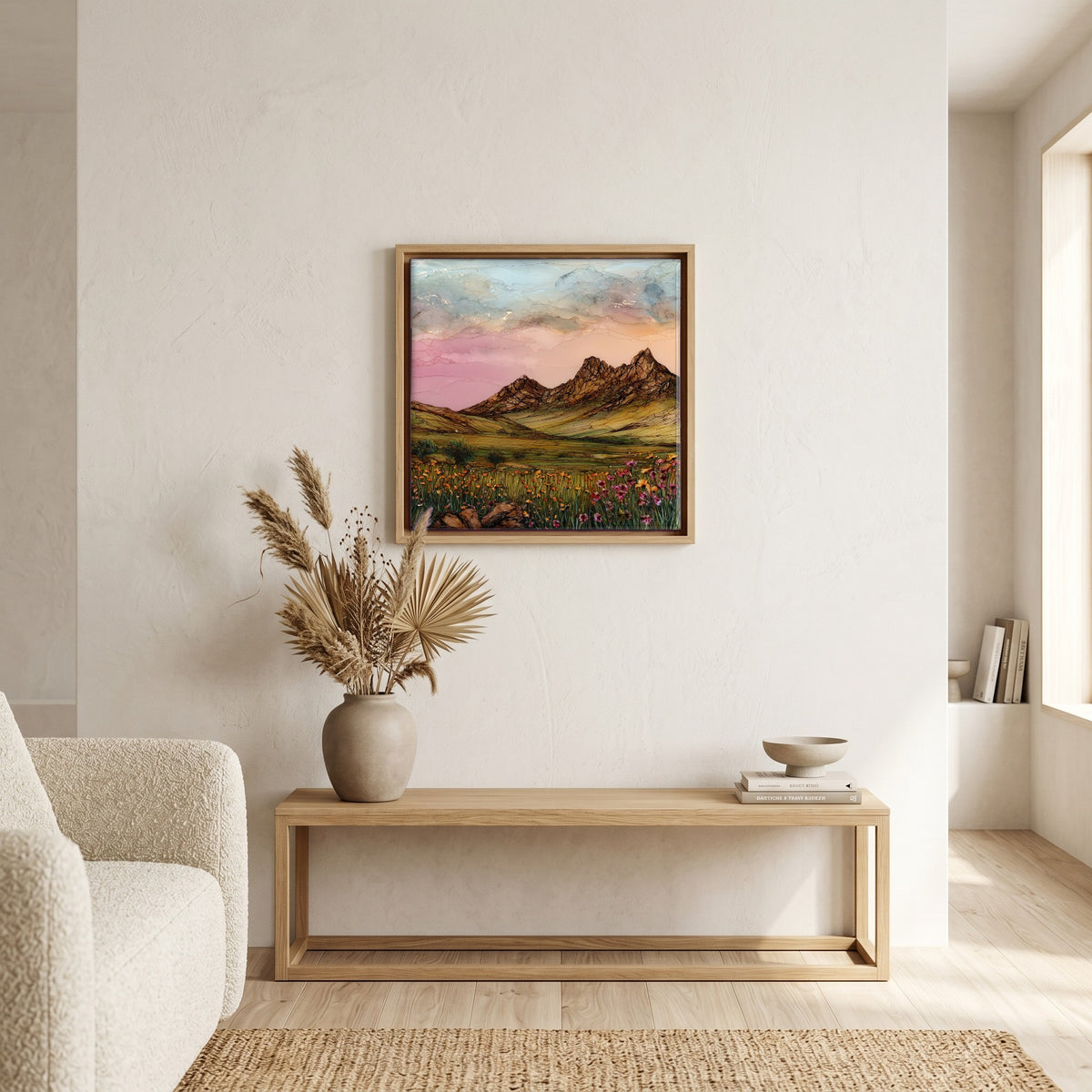 In the living room, above the sofa.