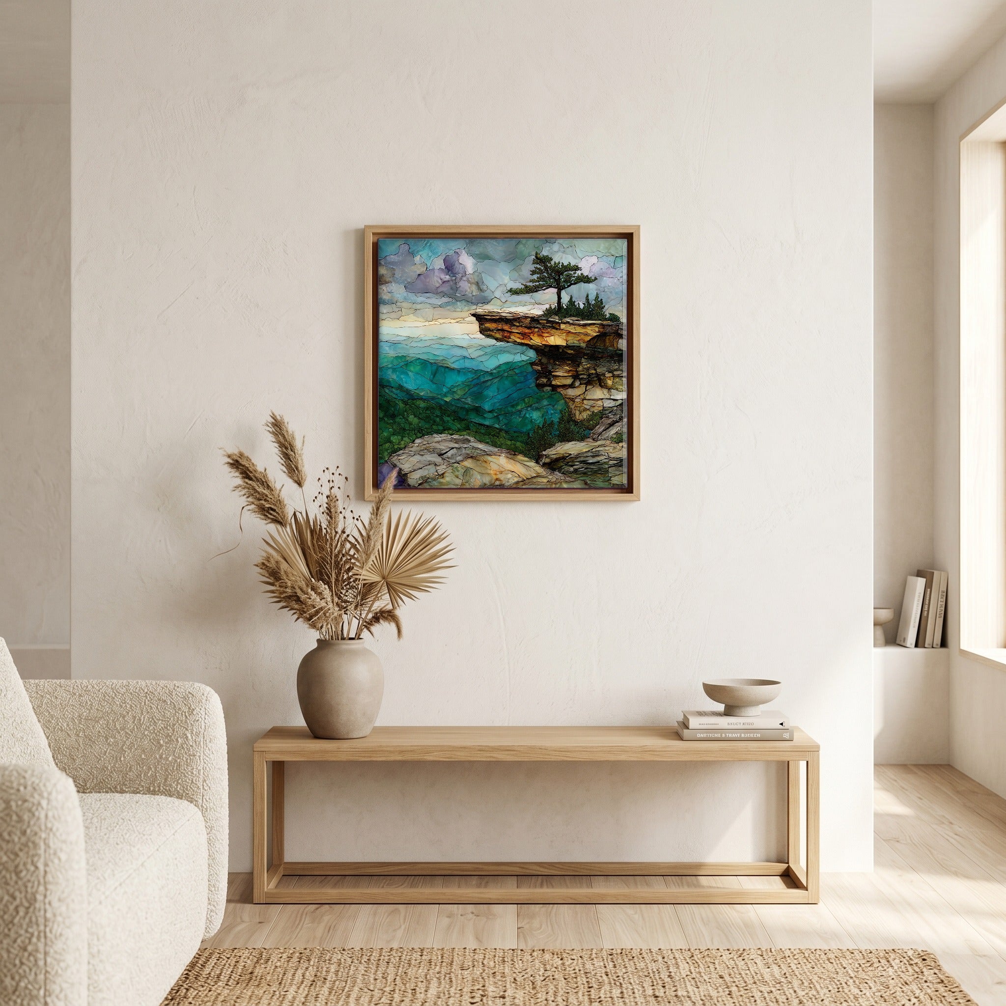 In the living room, above the sofa.