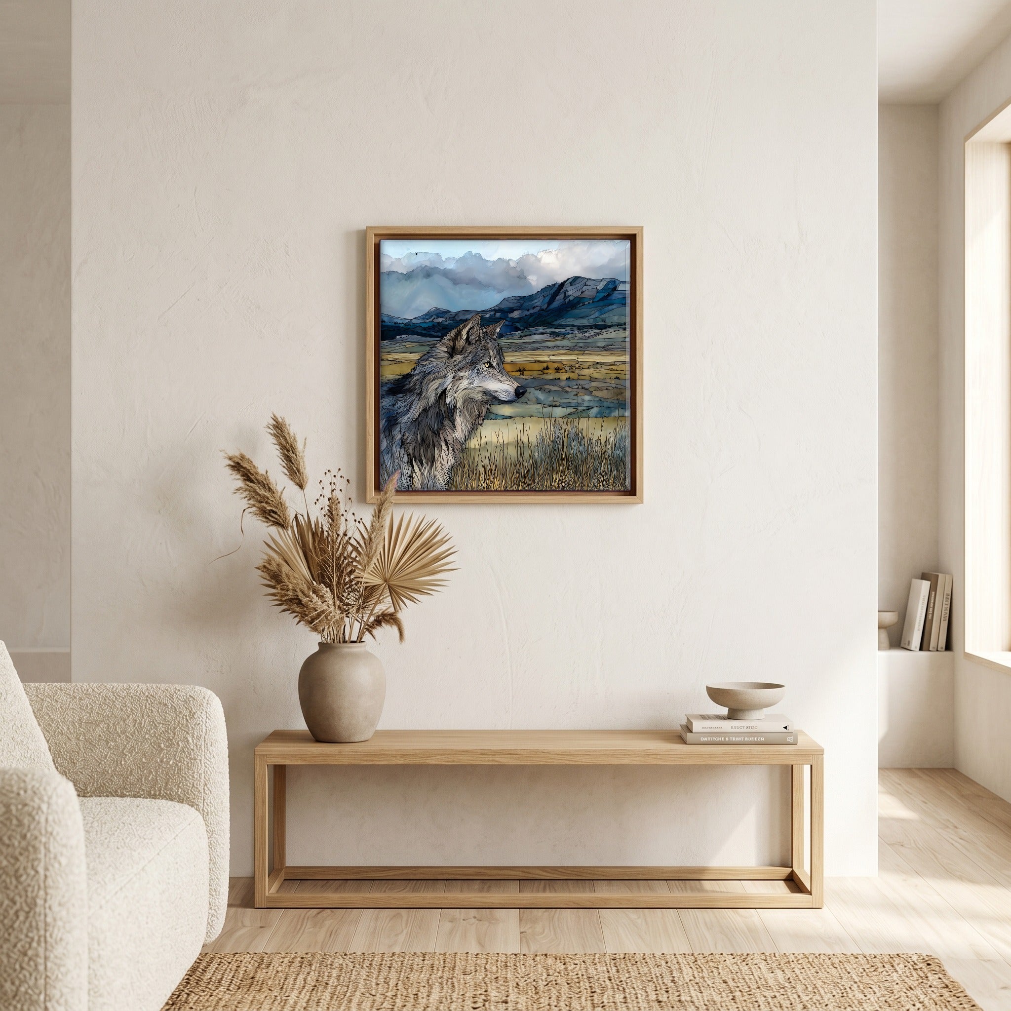 In the living room, above the sofa.