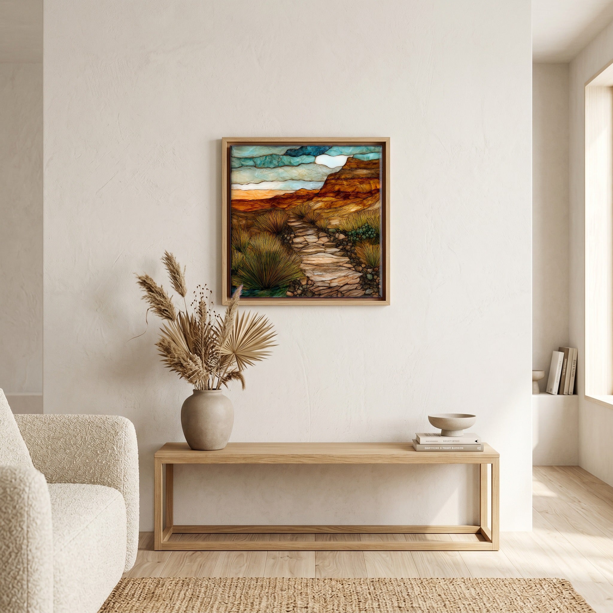 In the living room, above the sofa.