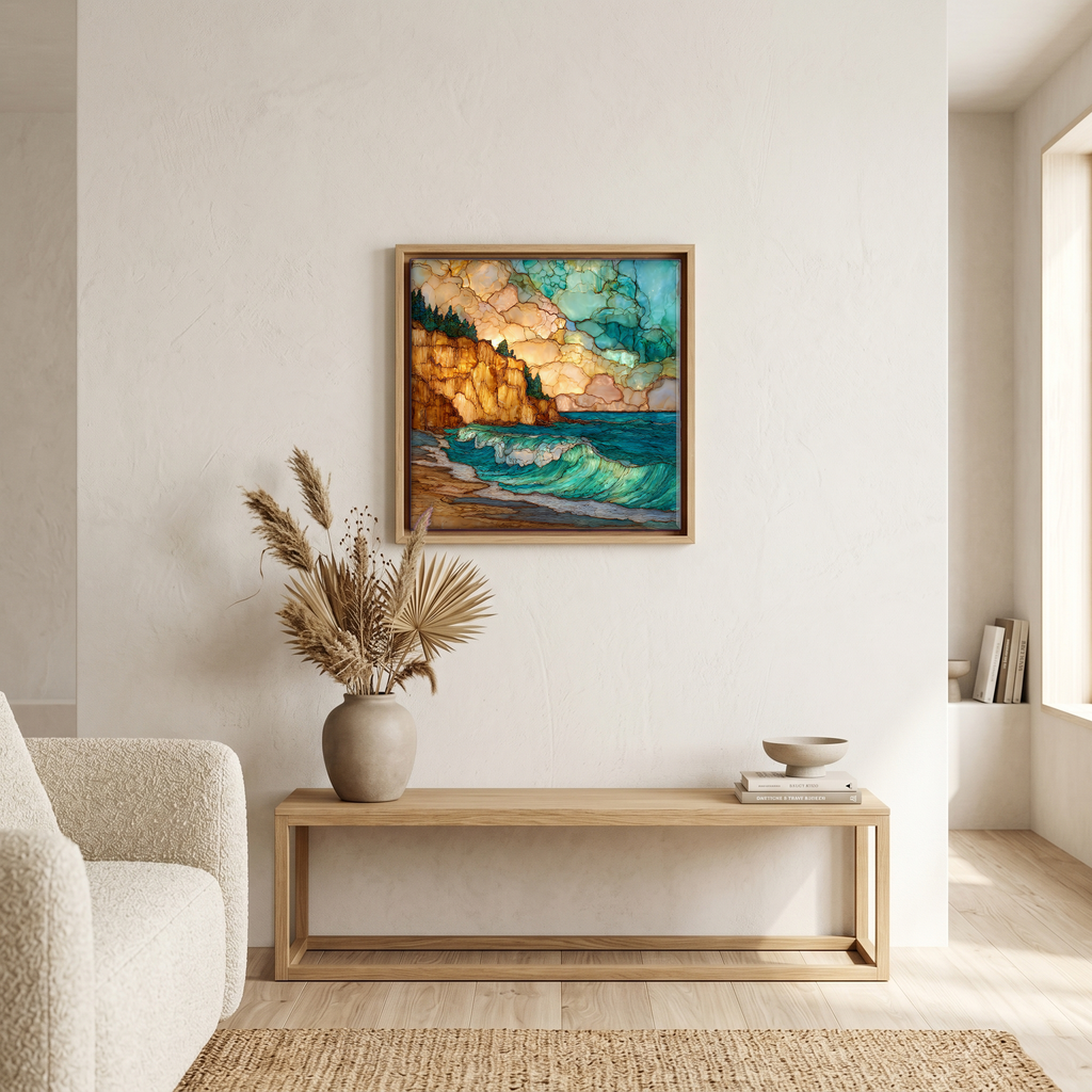 Above the bench, in a warm oak surround.