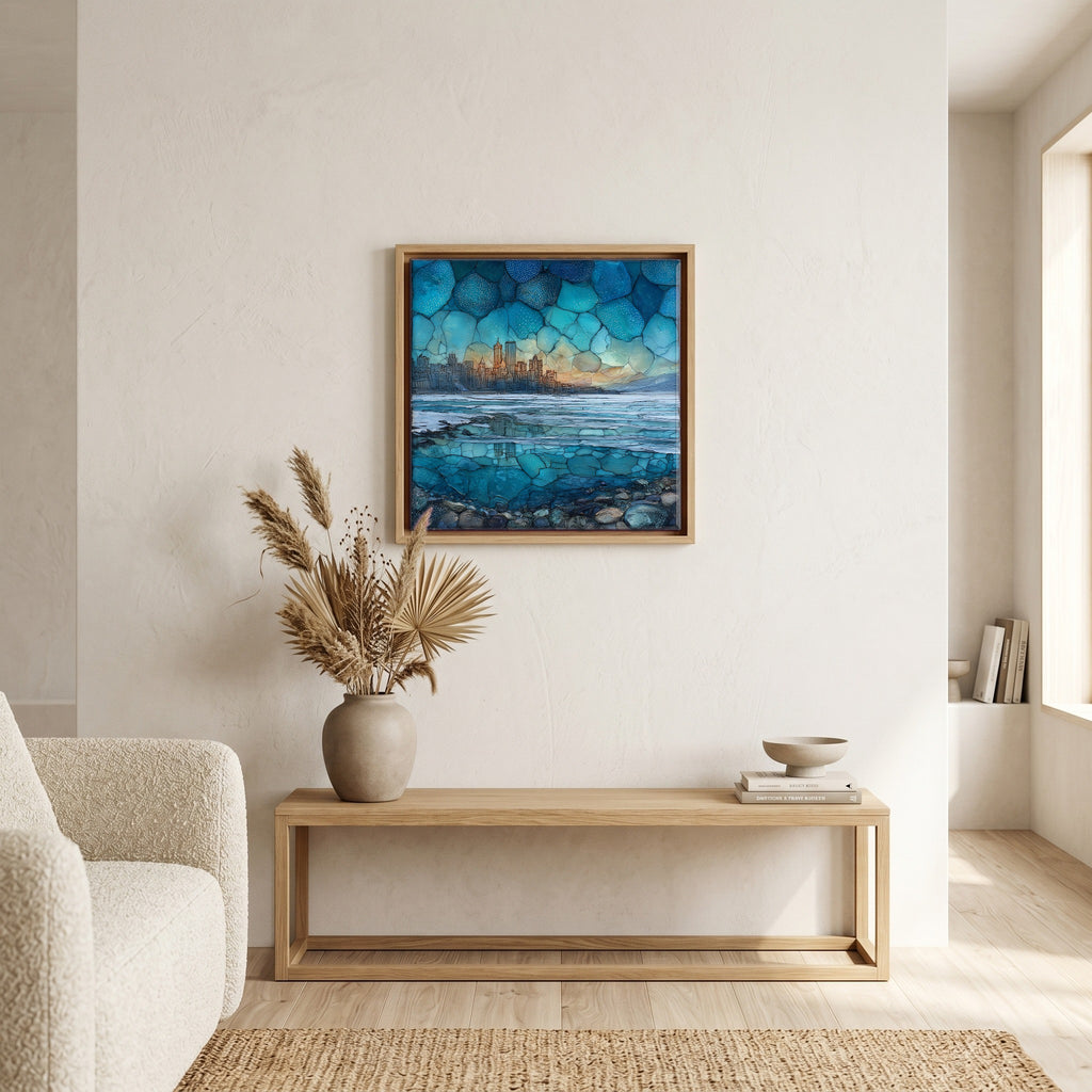 In the living room, above the sofa.