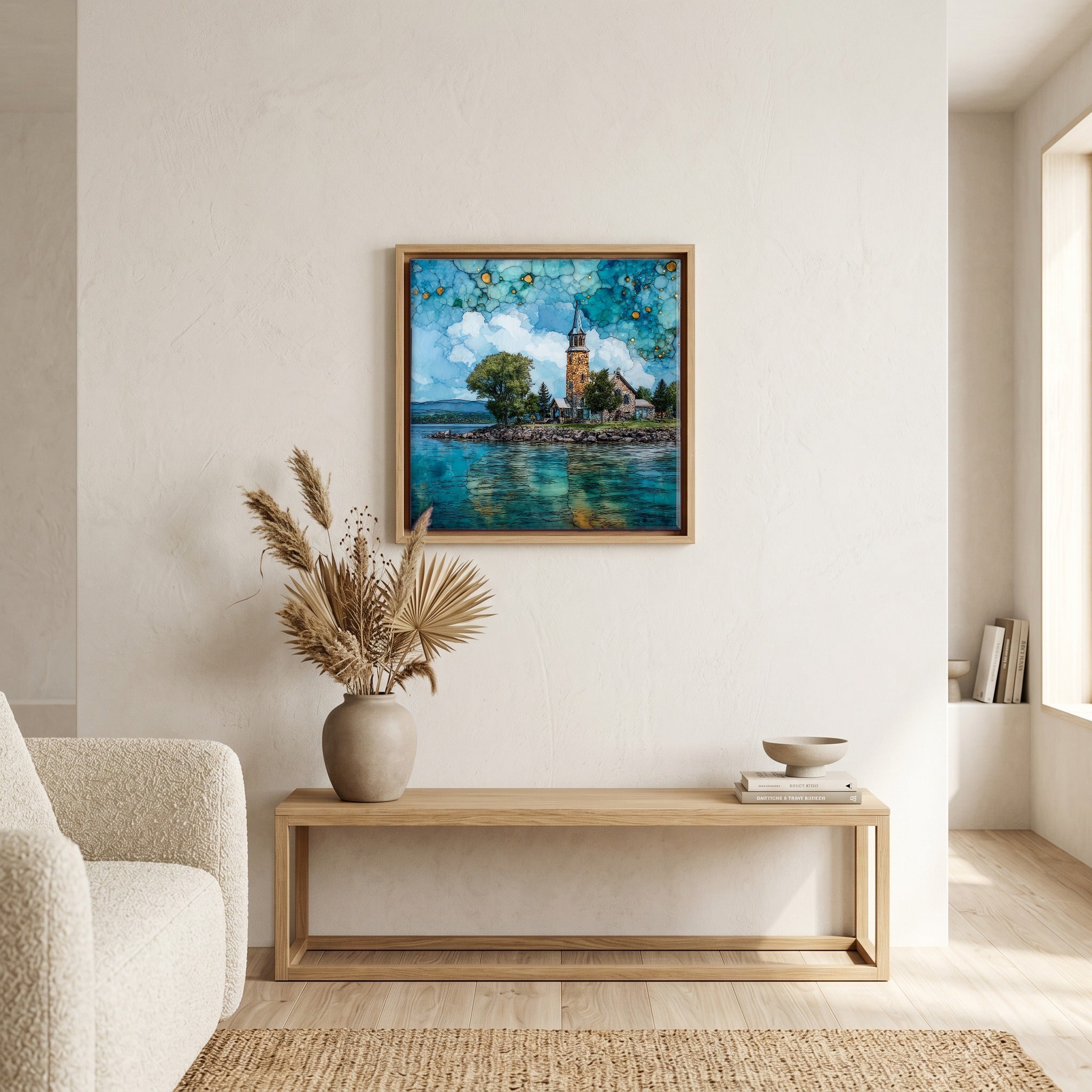 In the living room, above the sofa.