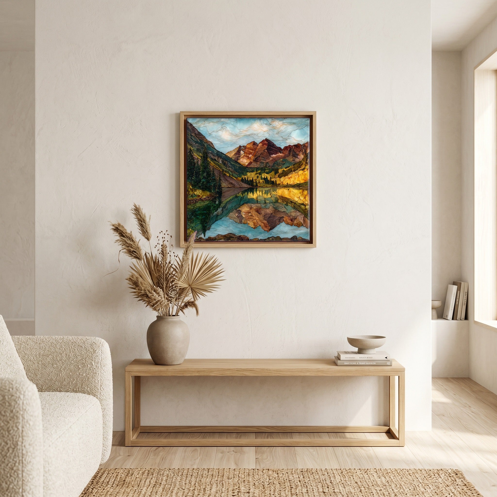 In the living room, above the sofa.