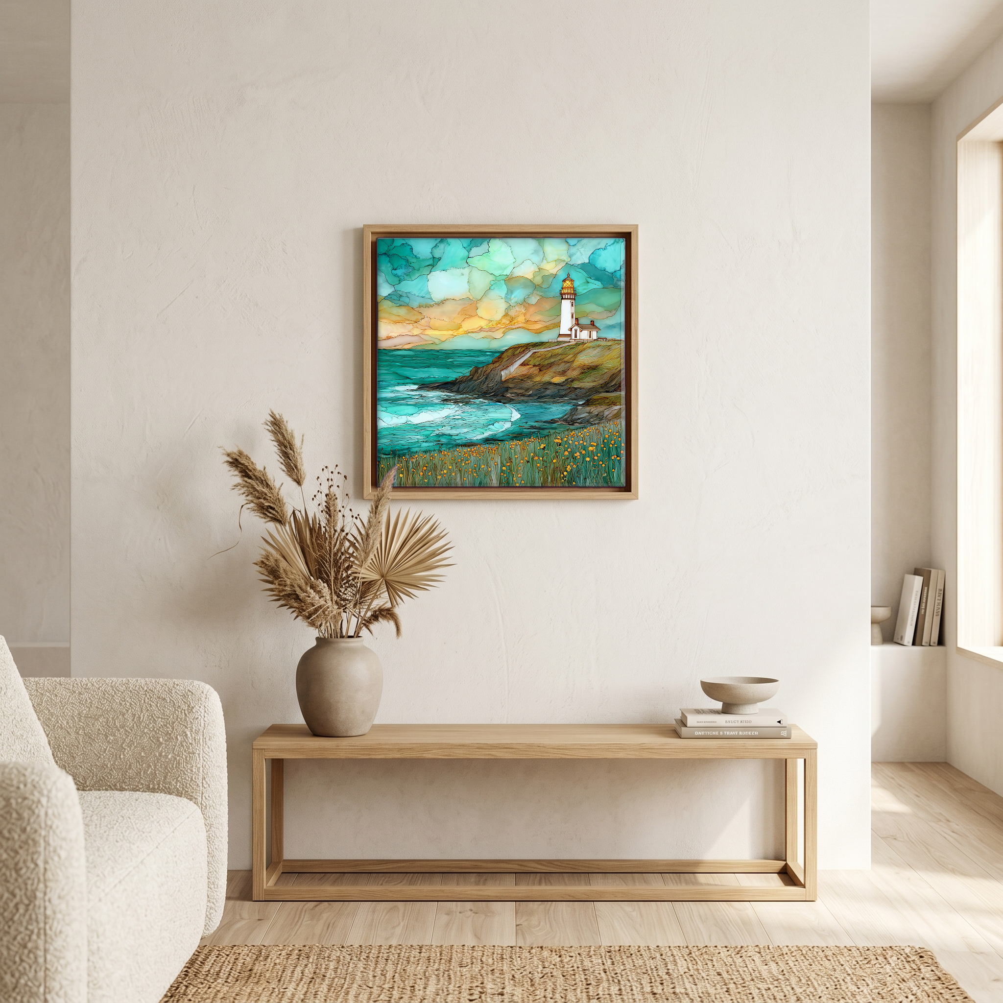 Above the bench, in a warm oak surround.