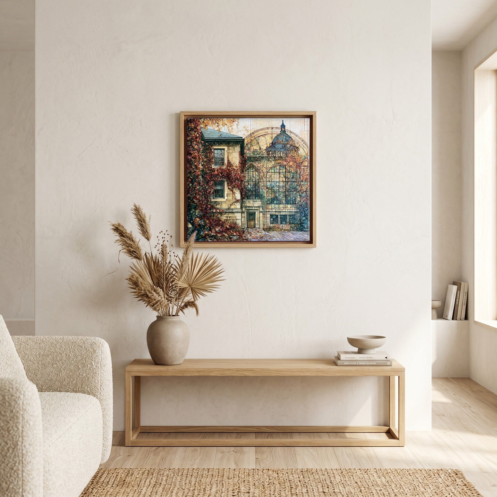 In the living room, above the sofa.