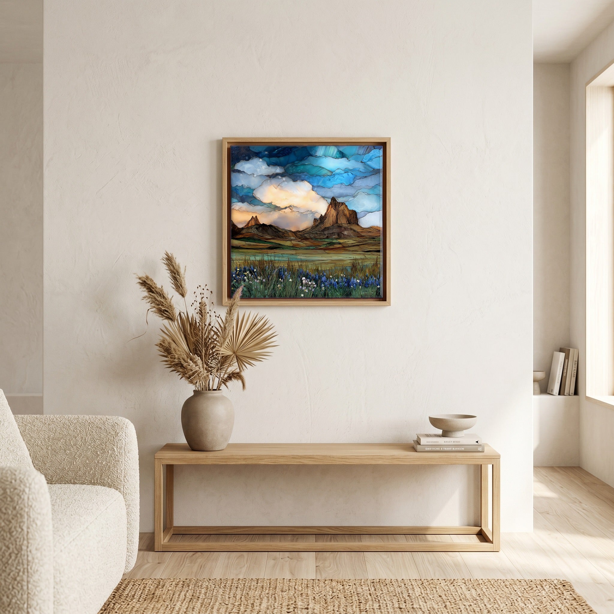 In the living room, above the sofa.