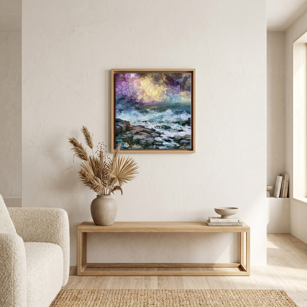 In the living room, above the sofa.