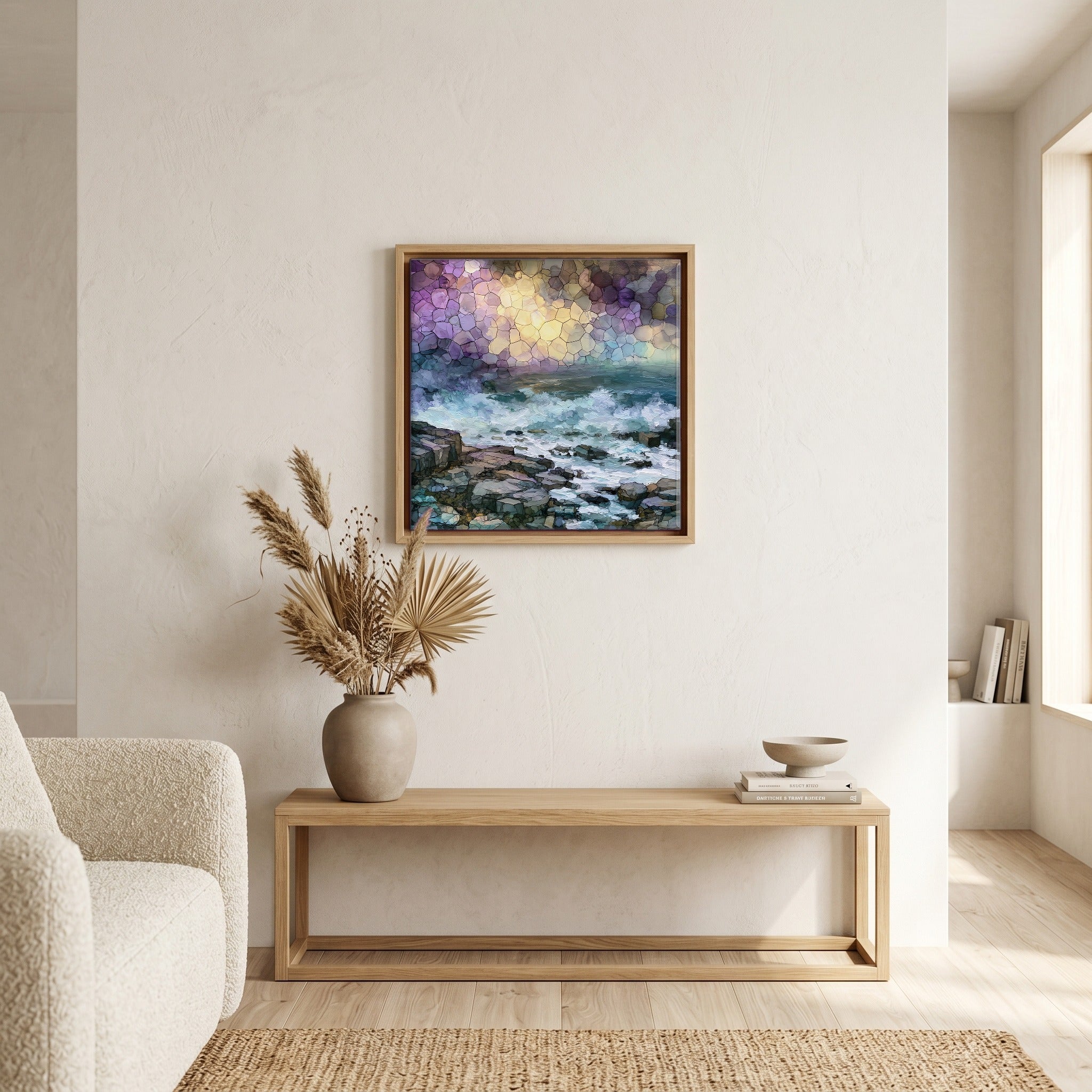 In the living room, above the sofa.