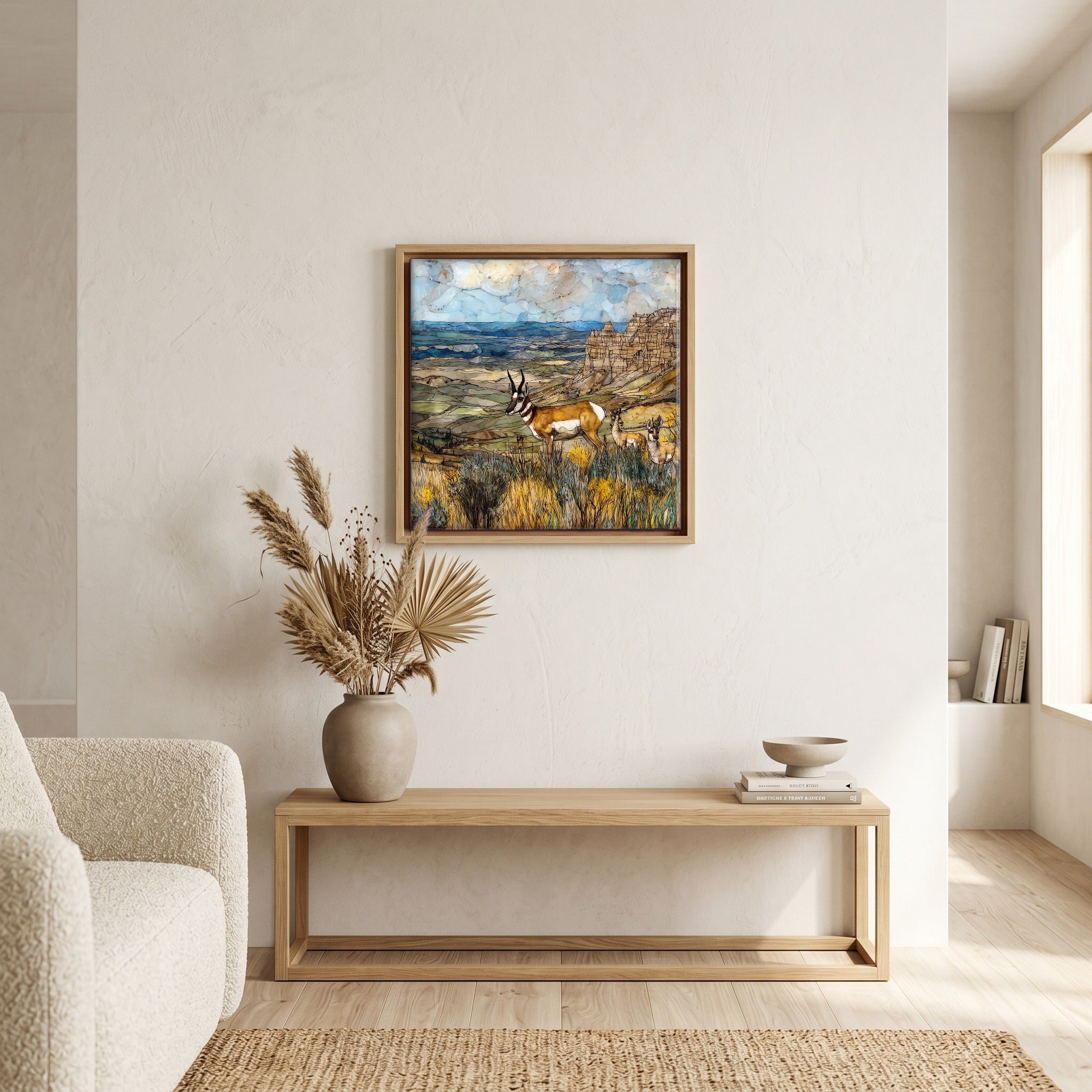 In the living room, above the sofa.