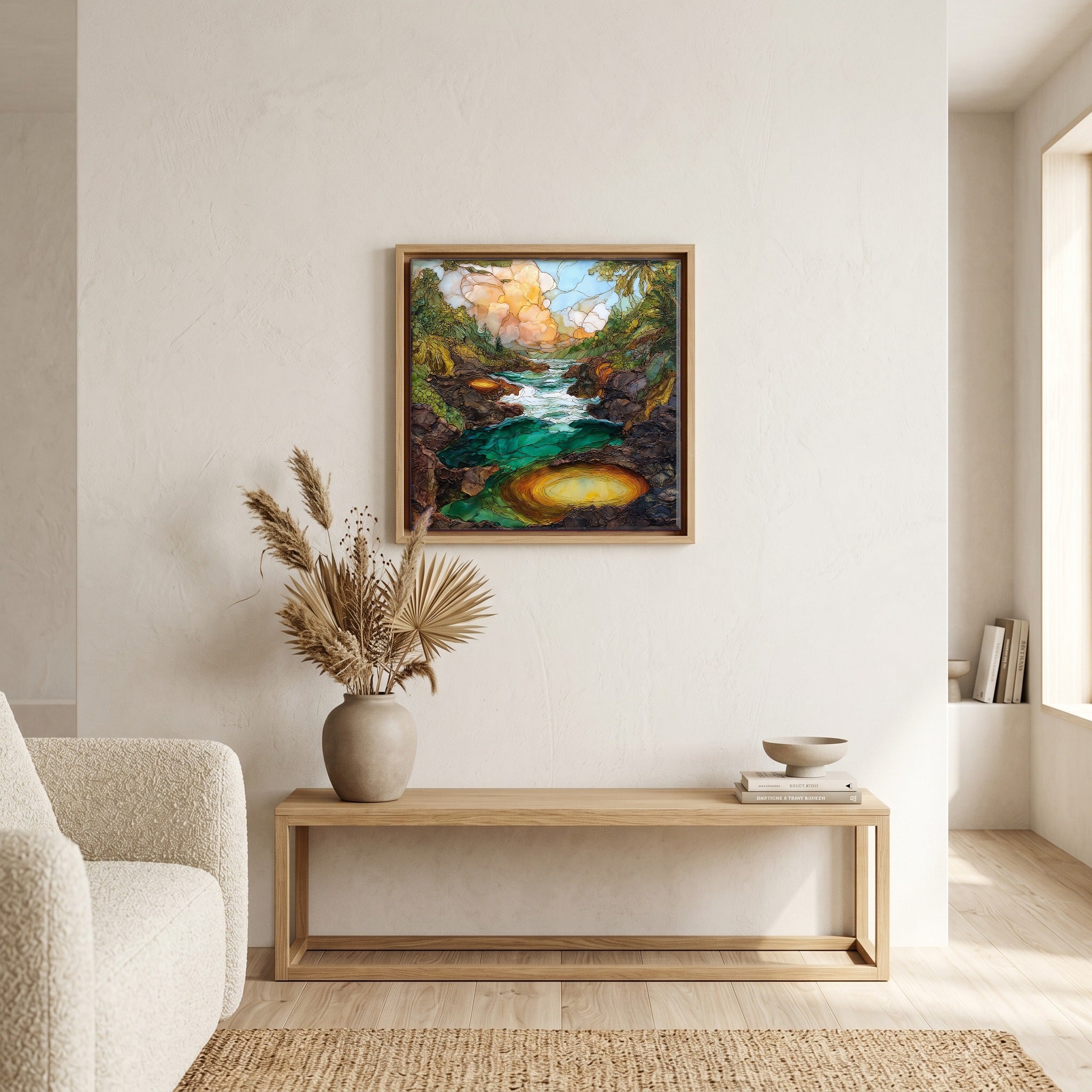 Above the bench, in a warm oak surround.