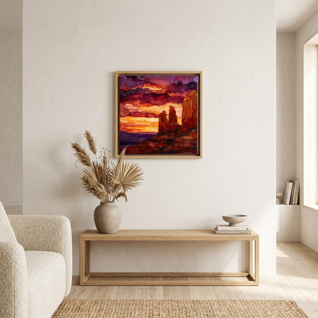 In the living room, above the sofa.