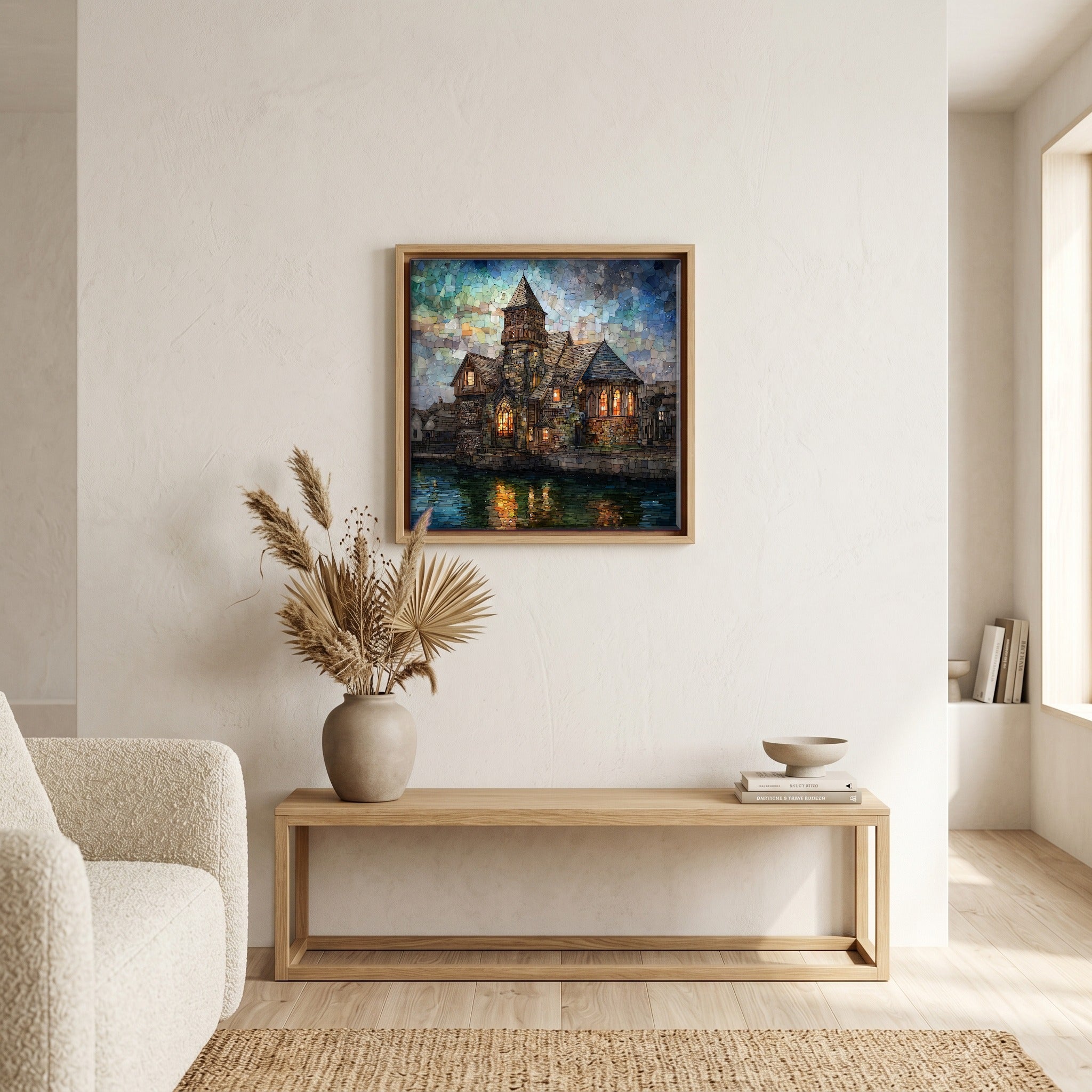 Above the bench, in a warm oak surround.