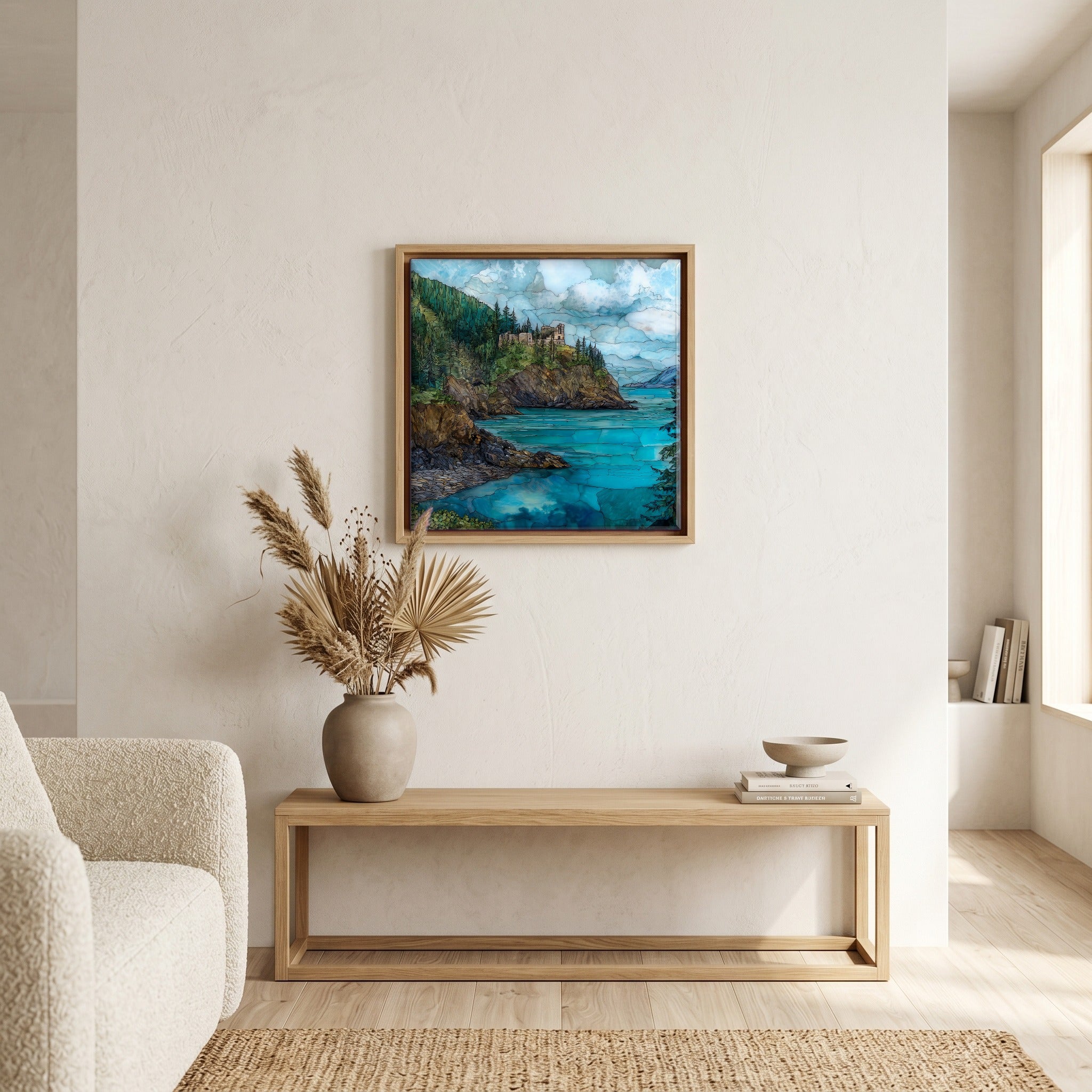In the living room, above the sofa.