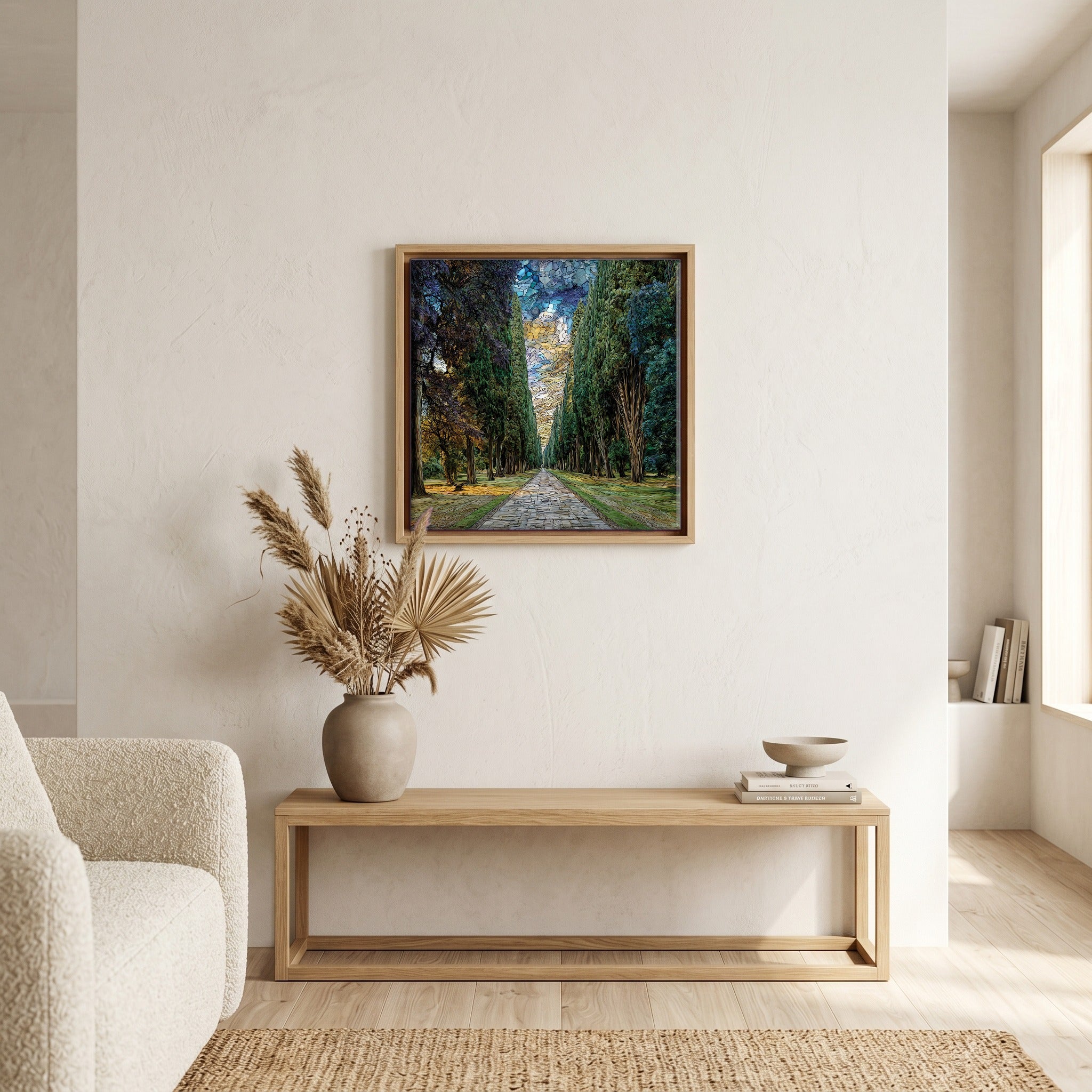 Above the bench, in a warm oak surround.