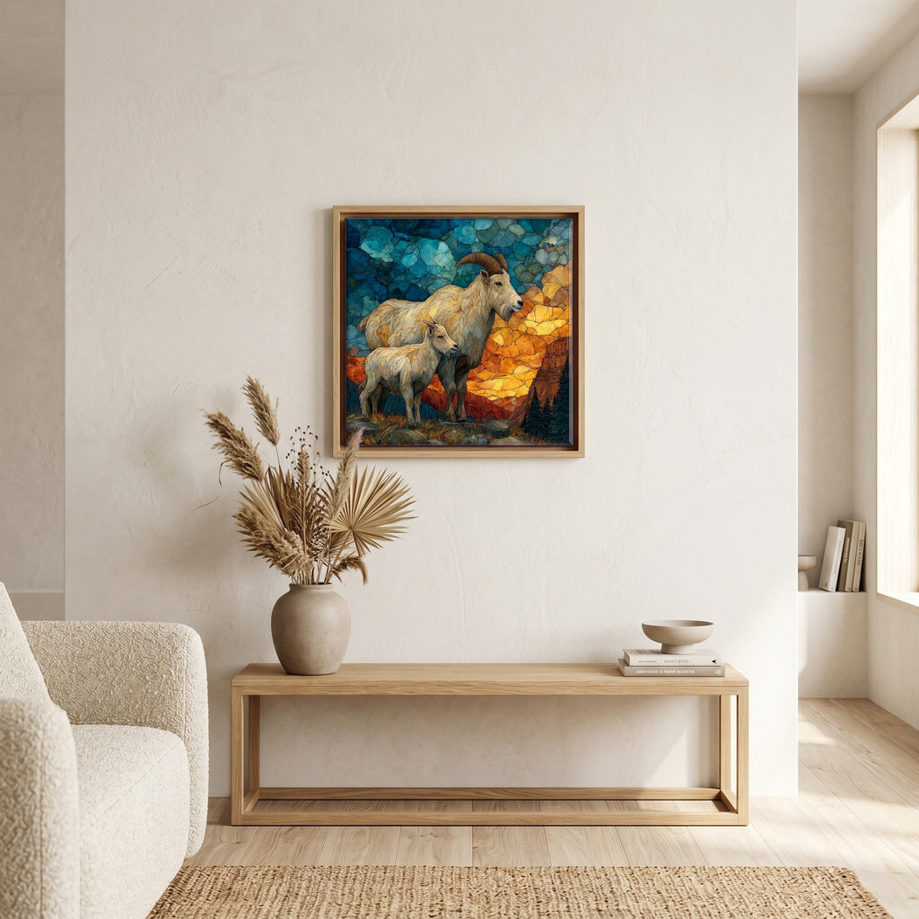 In the living room, above the sofa.