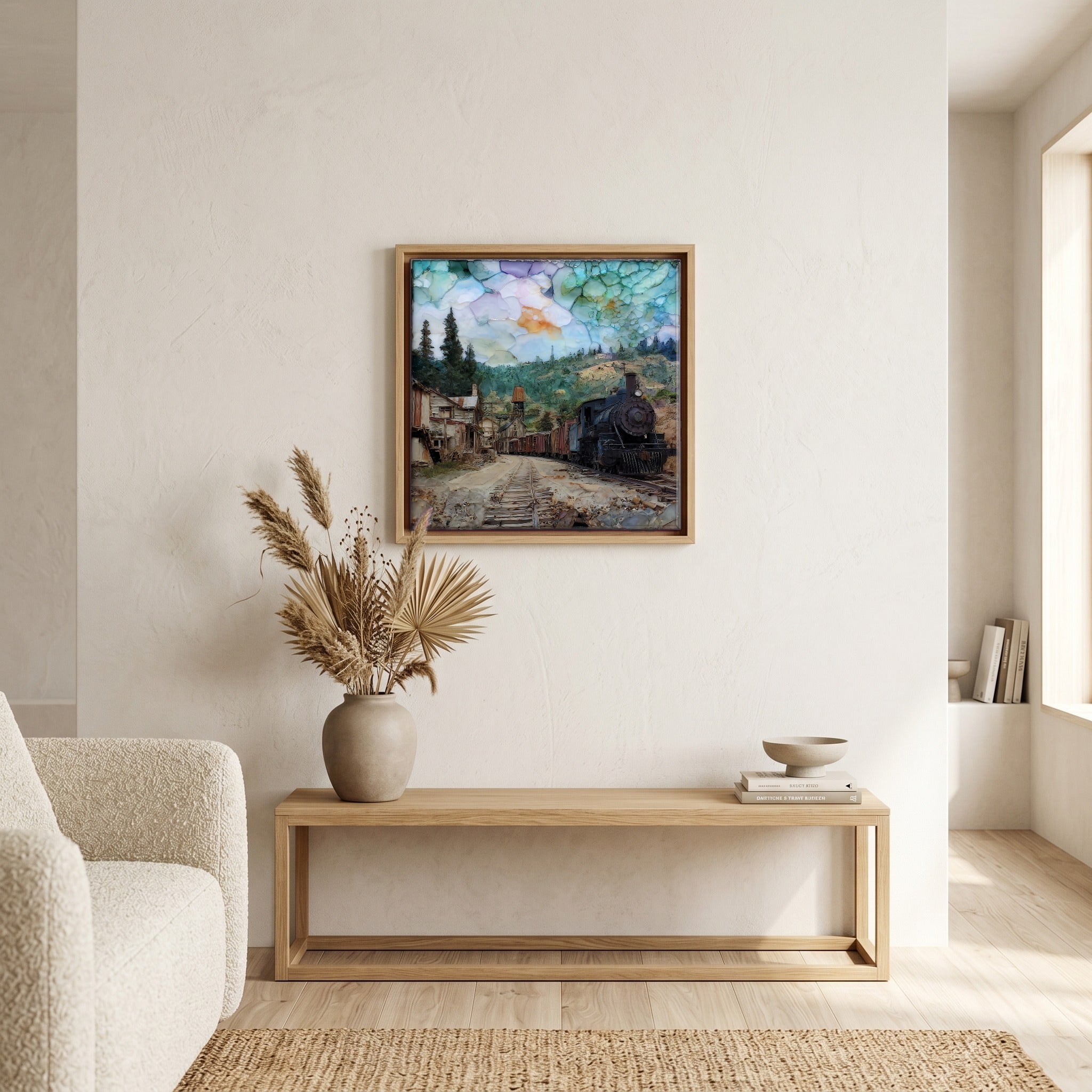 In the living room, above the sofa.