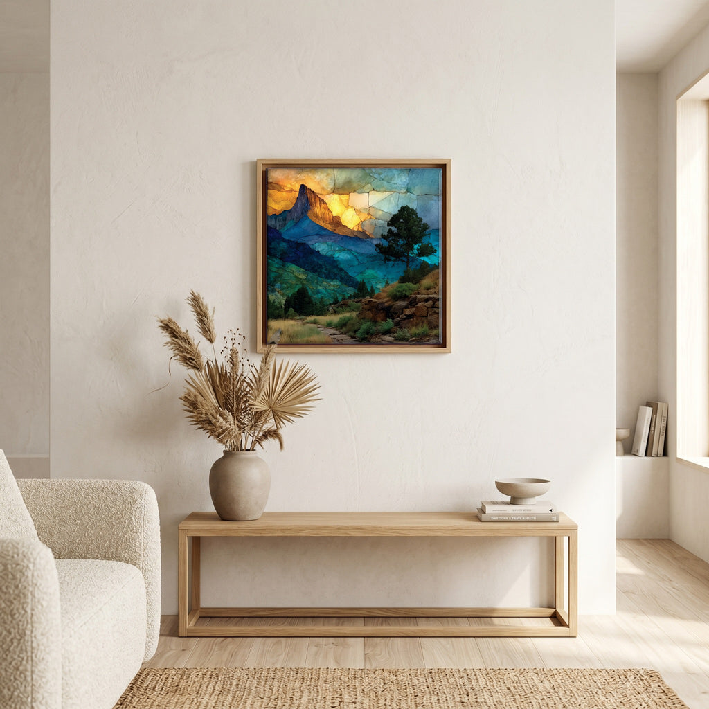 In the living room, above the sofa.