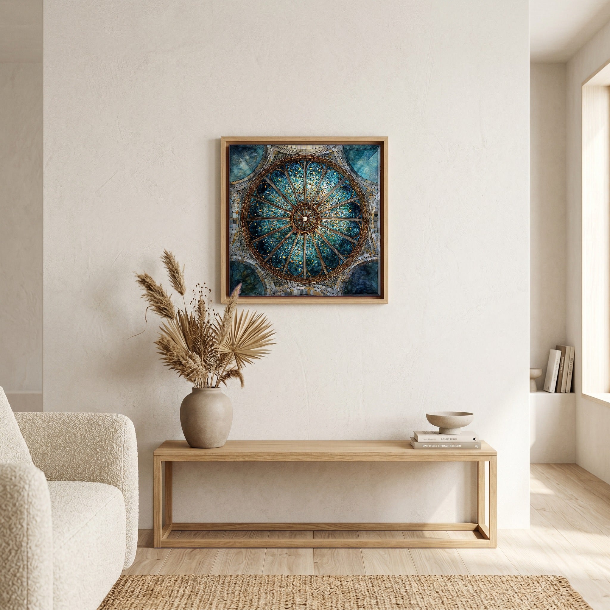 In the living room, above the sofa.