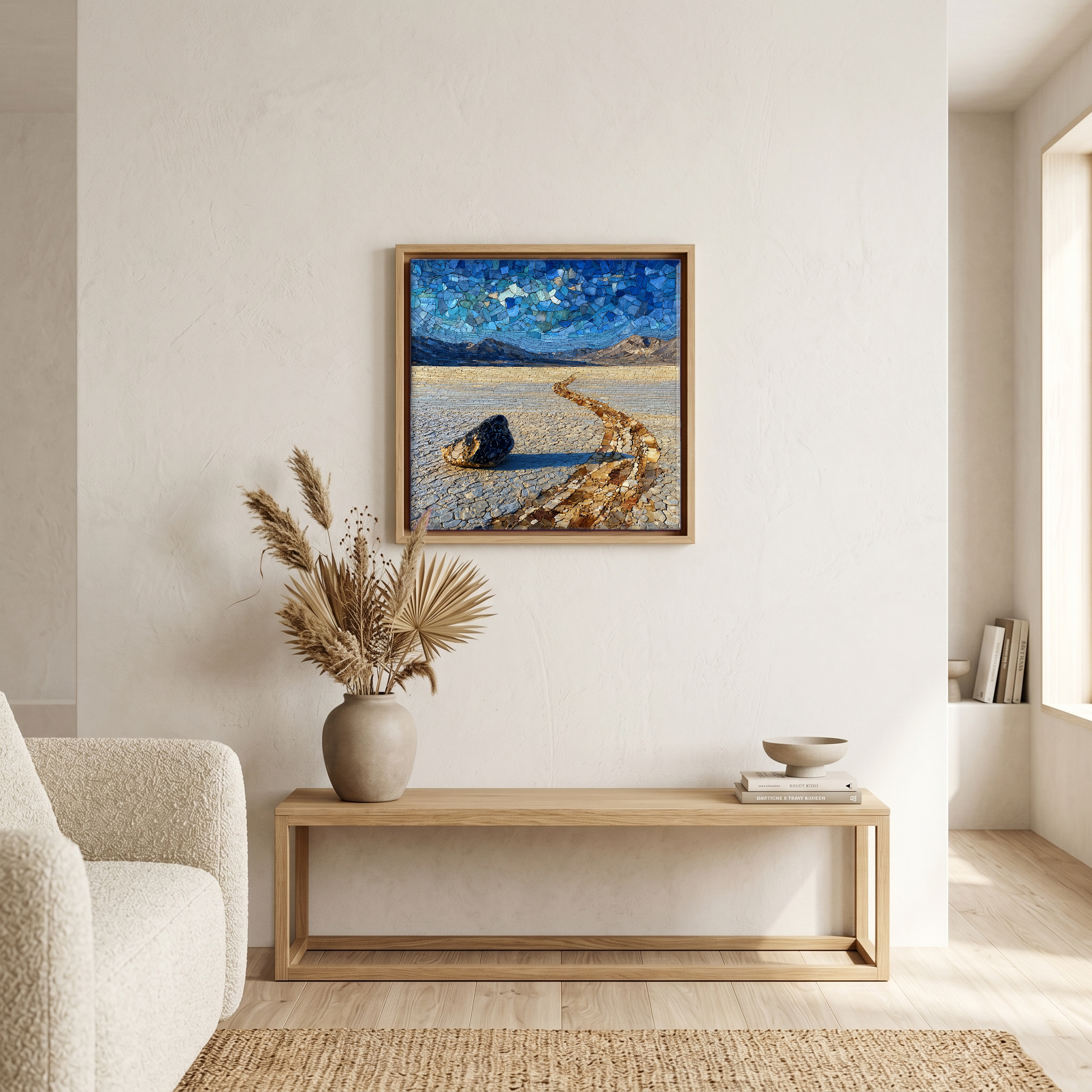 Above the bench, in a warm oak surround.