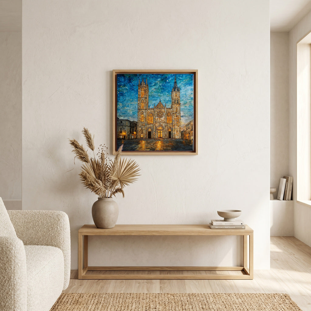 Above the bench, in a warm oak surround.
