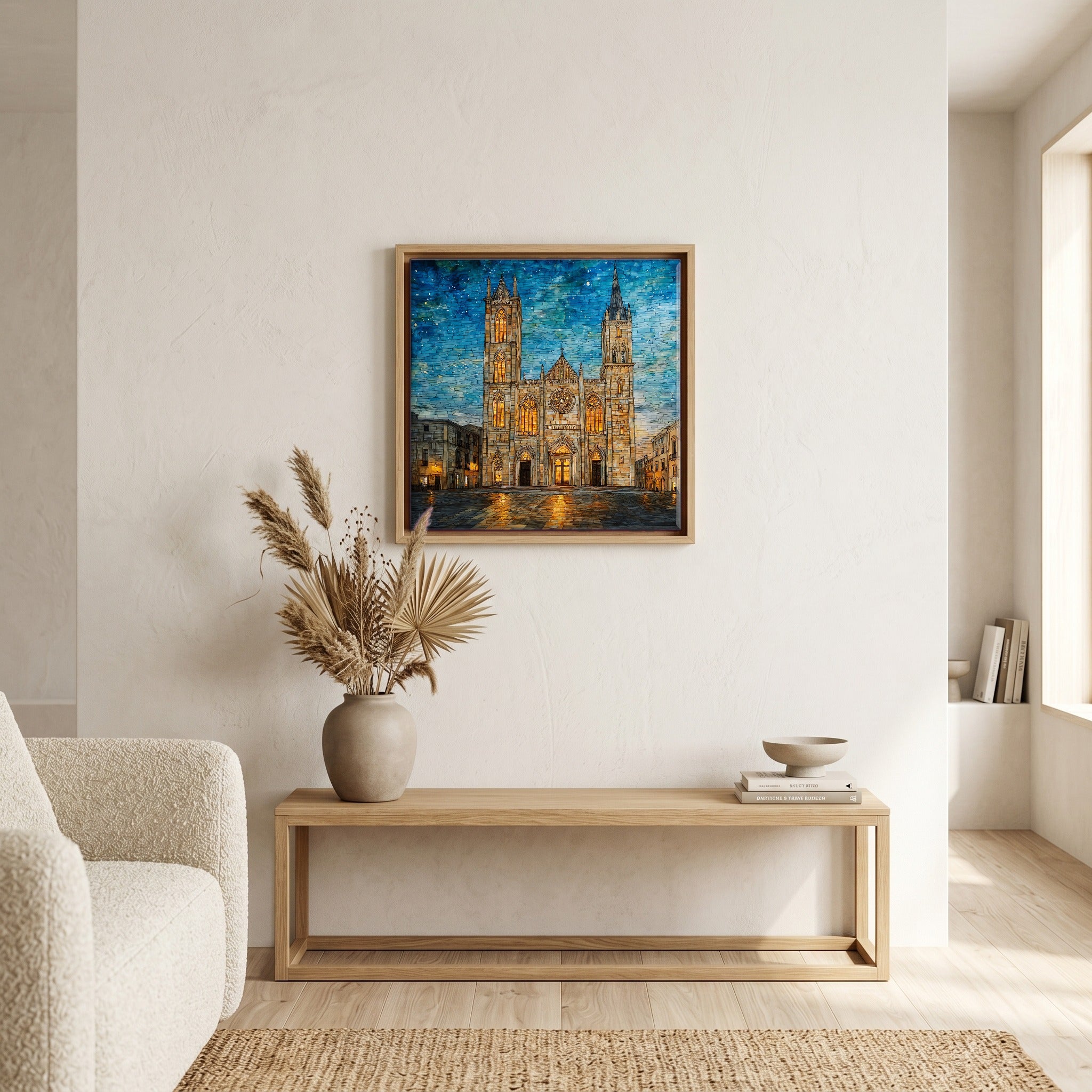 Above the bench, in a warm oak surround.