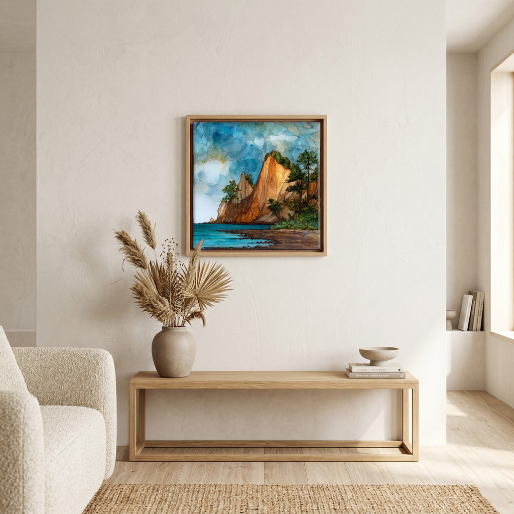 In the living room, above the sofa.