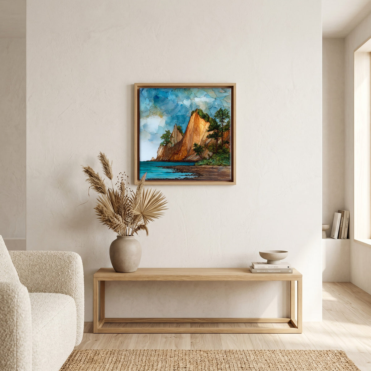 In the living room, above the sofa.