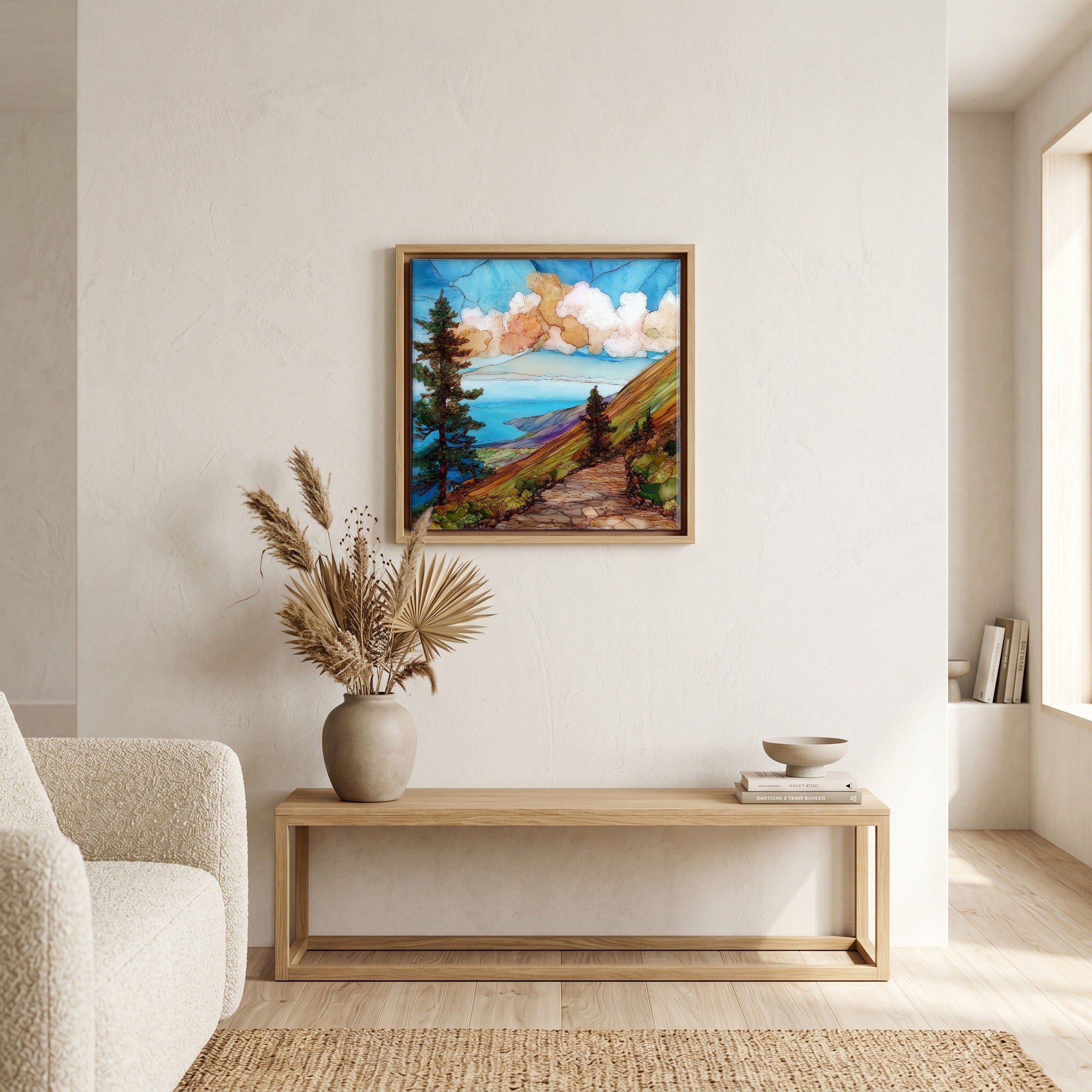 Above the bench, in a warm oak surround.