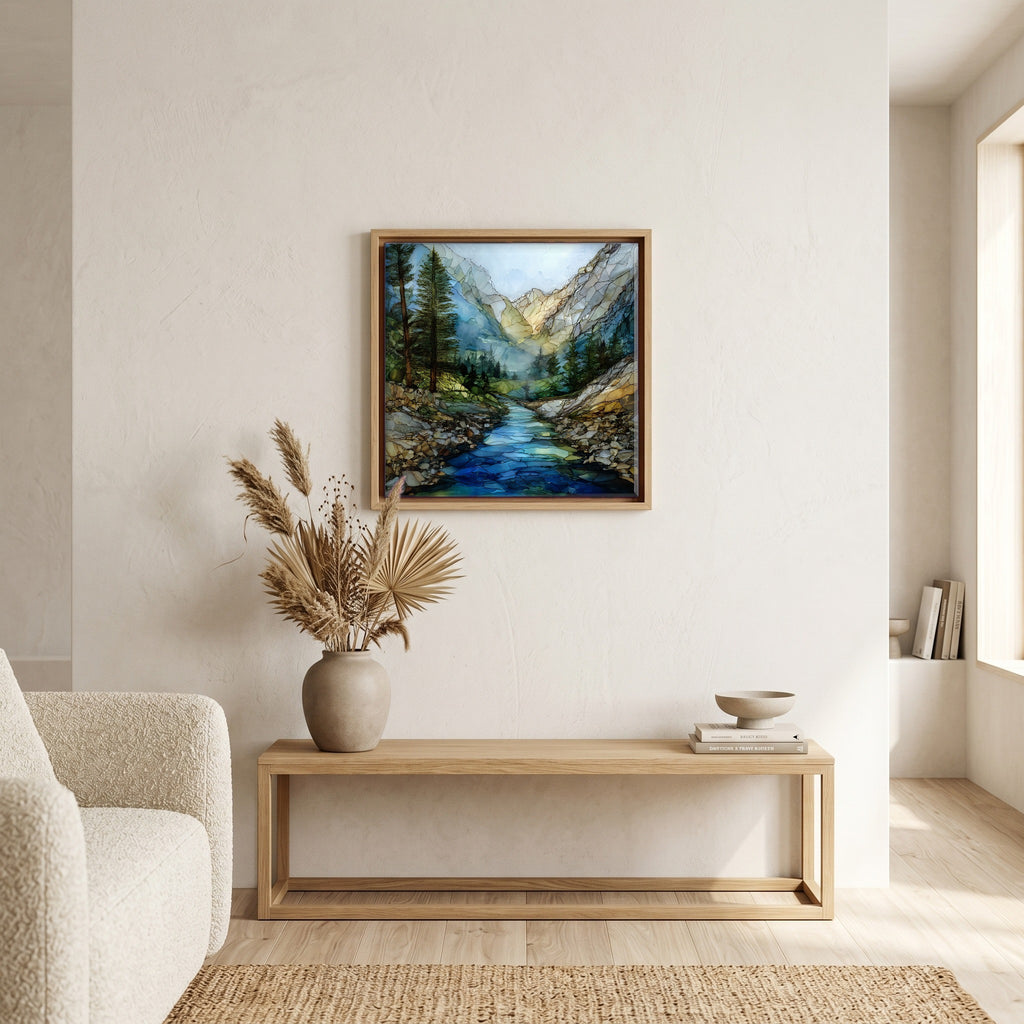 In the living room, above the sofa.