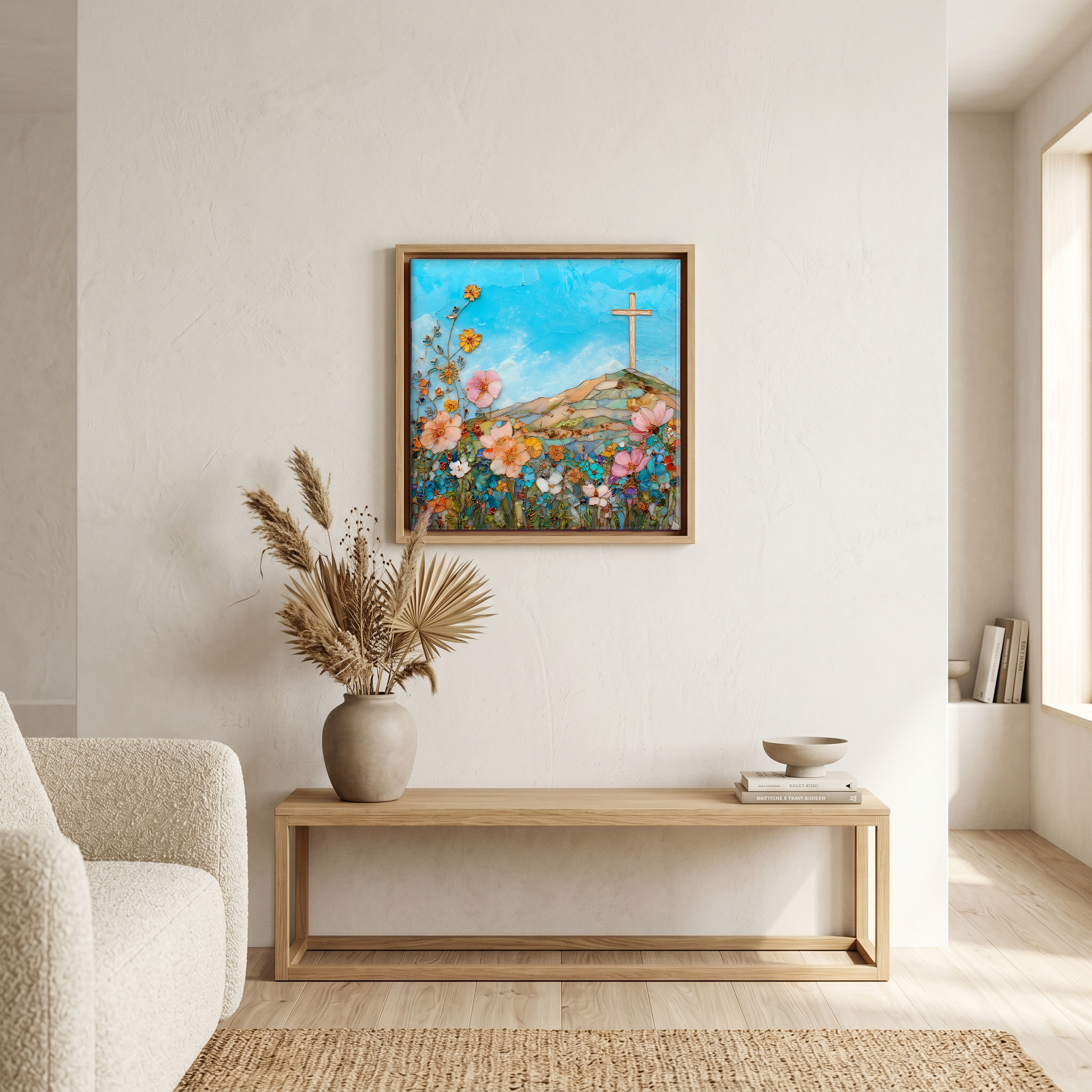 Above the bench, in a warm oak surround.