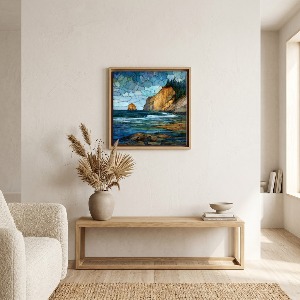 In the living room, above the sofa.