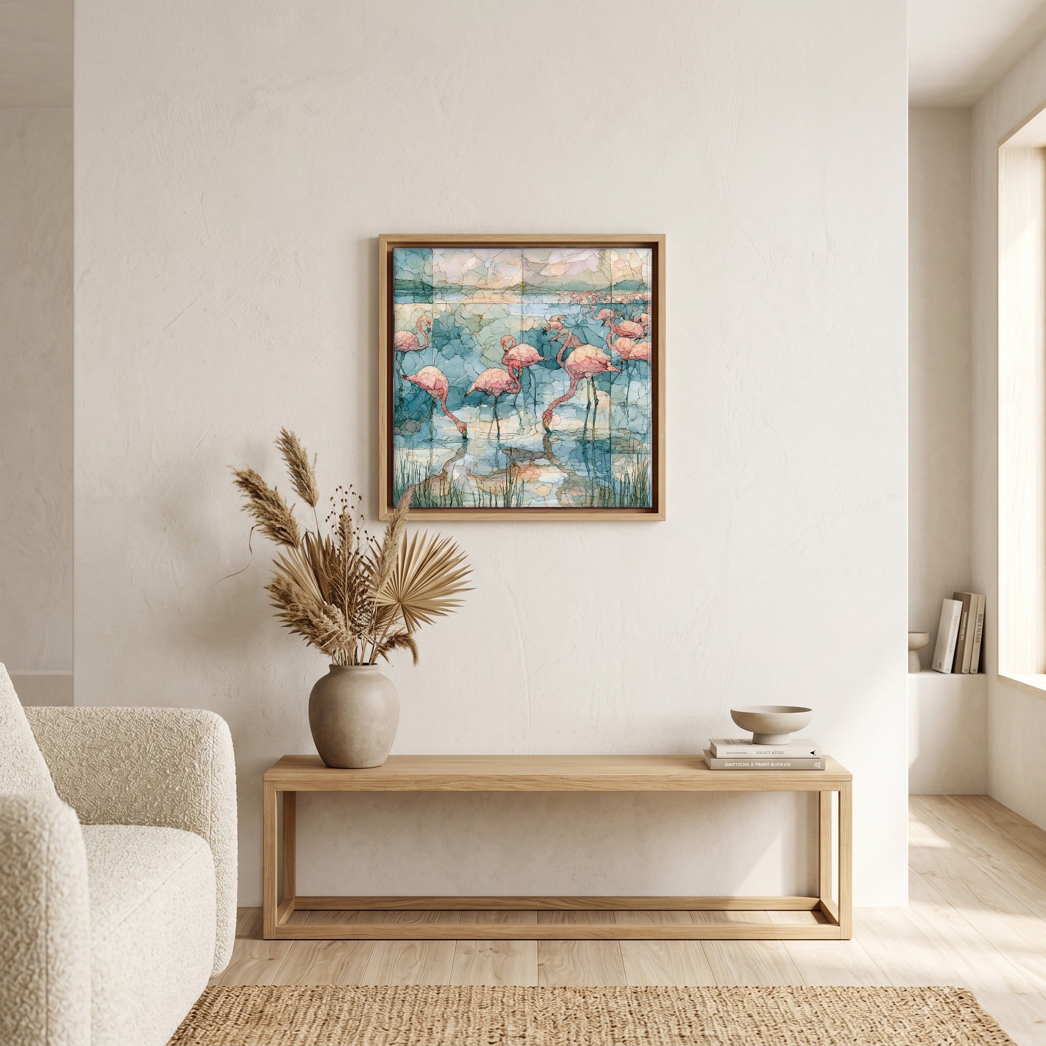 In the living room, above the sofa.