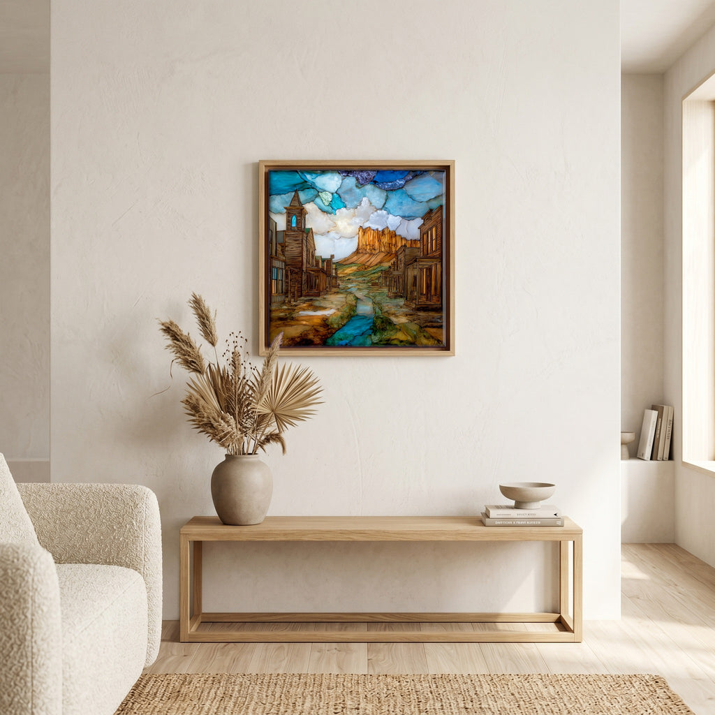 In the living room, above the sofa.