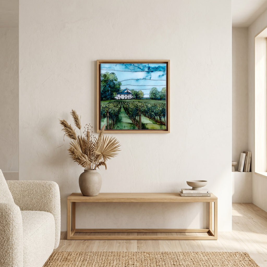 In the living room, above the sofa.