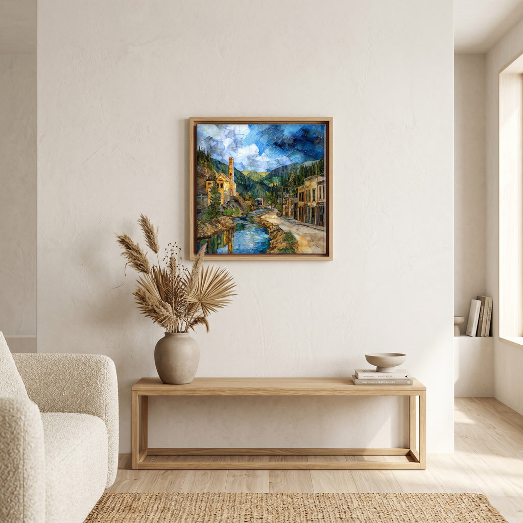 In the living room, above the sofa.