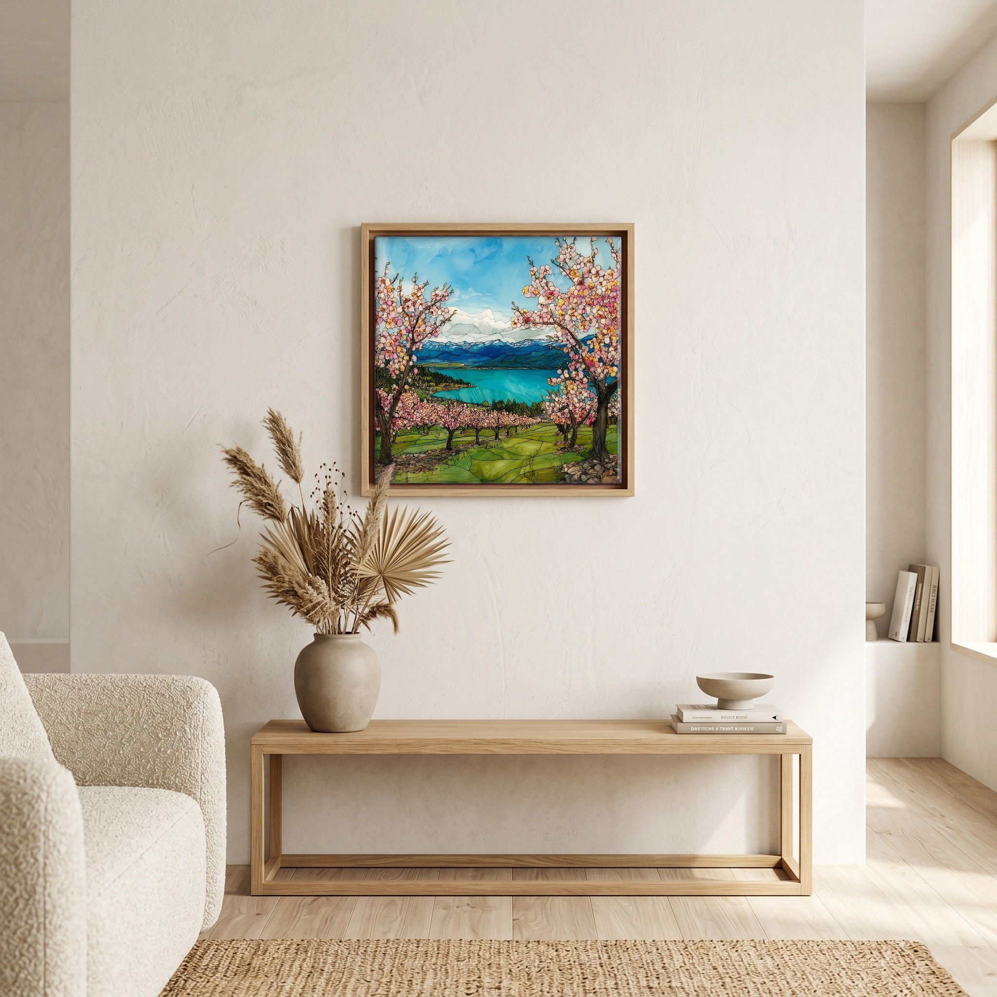 In the living room, above the sofa.