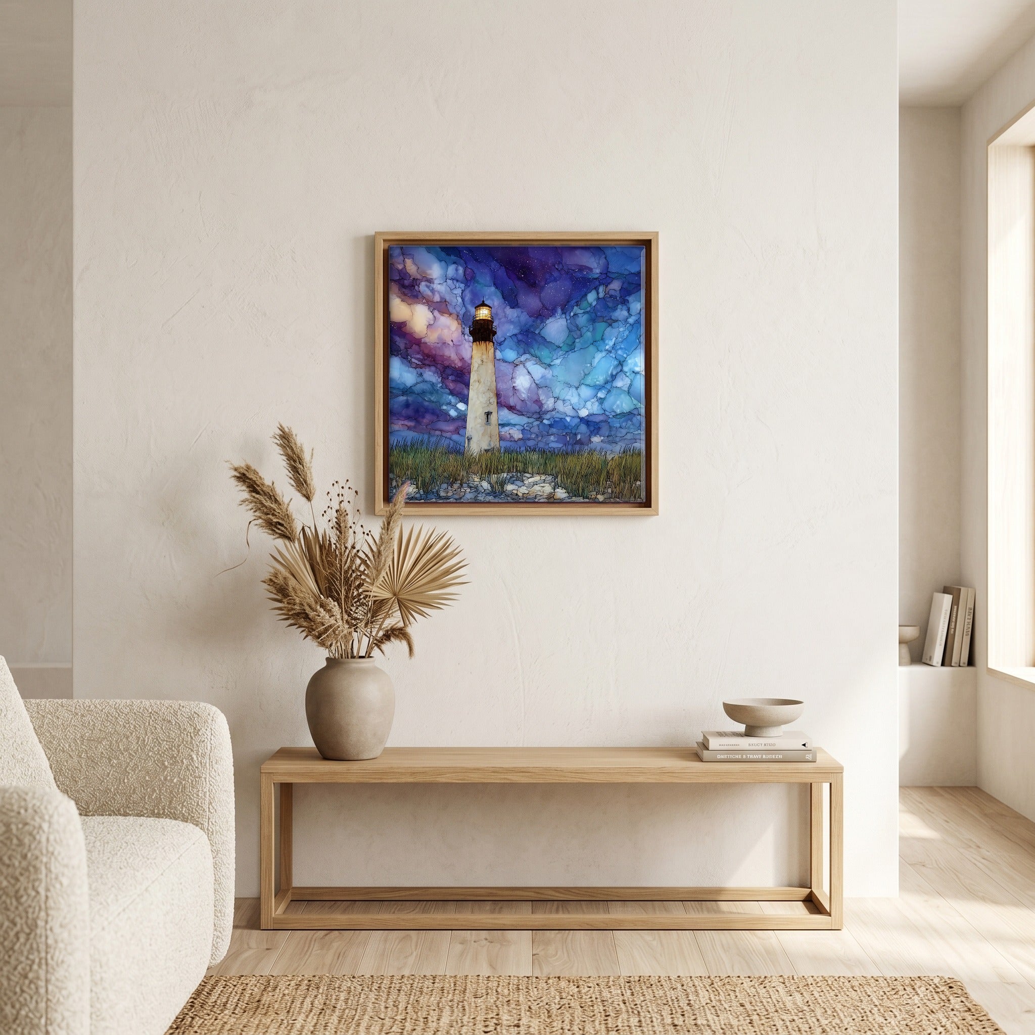 In the living room, above the sofa.