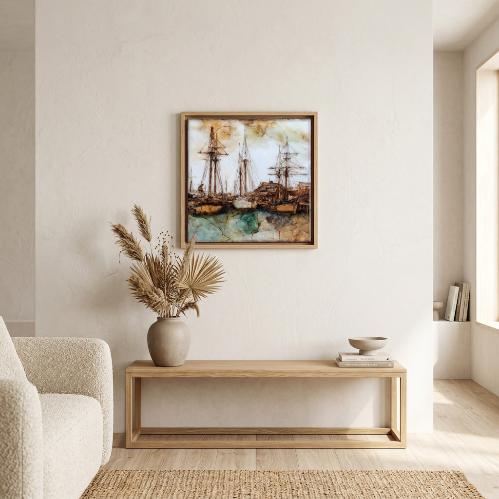 In the living room, above the sofa.