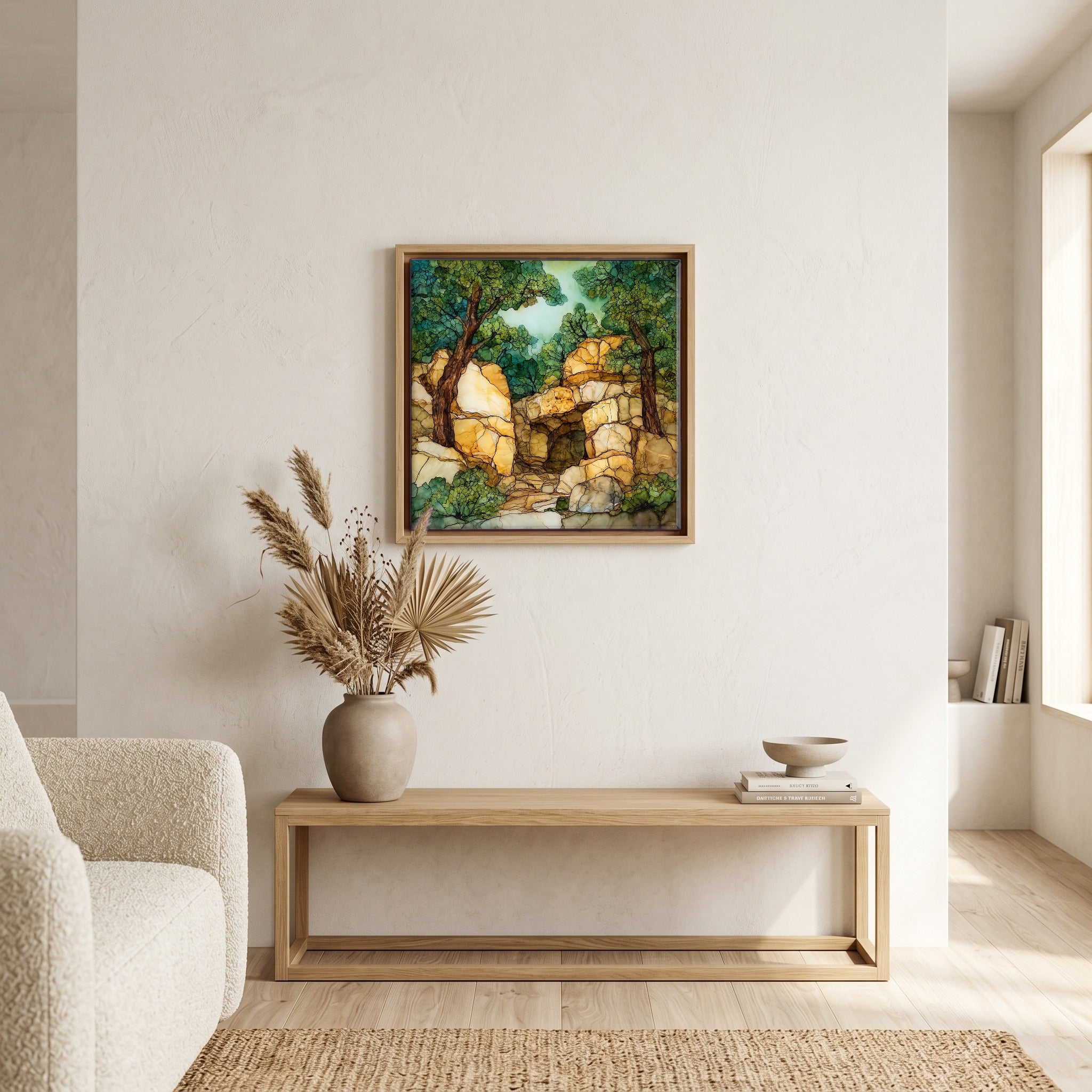 In the living room, above the sofa.