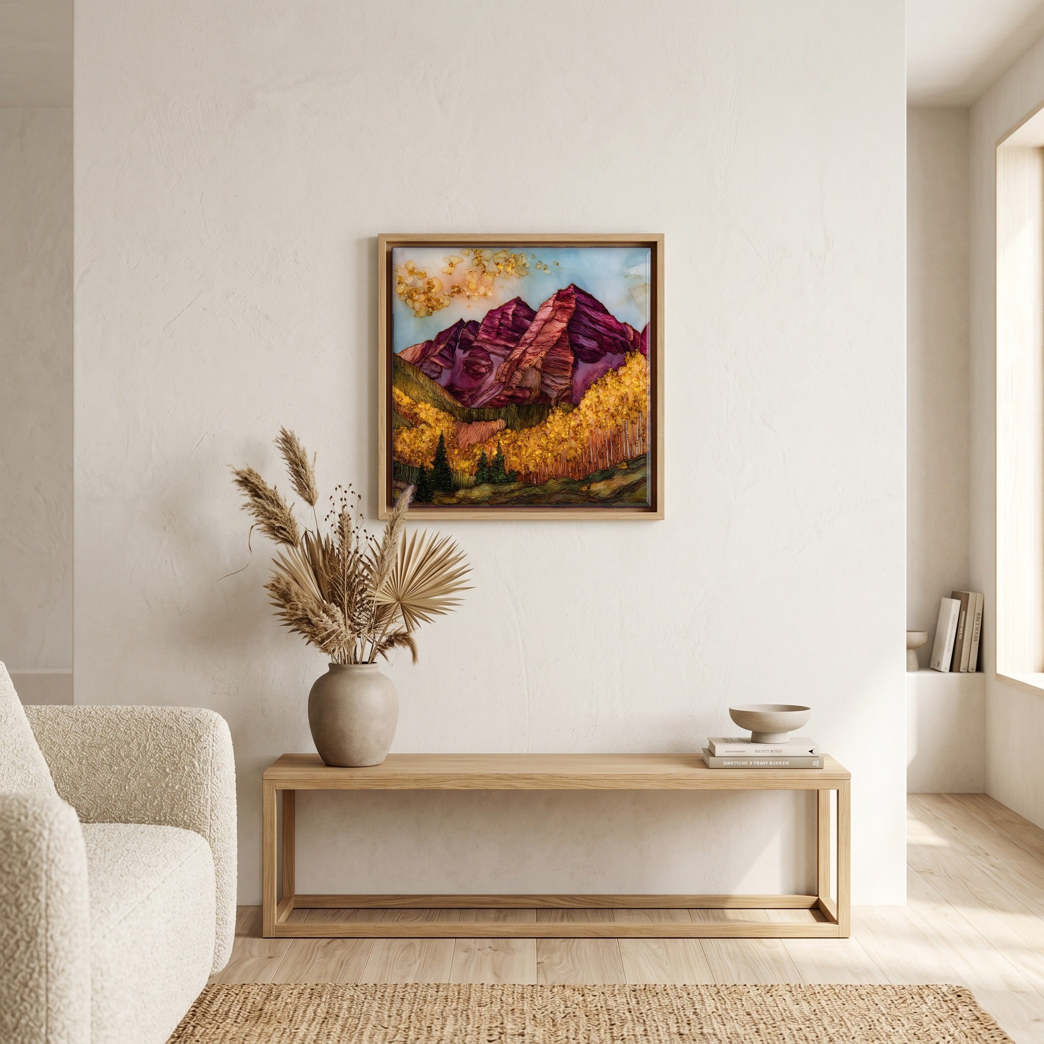 Above the bench, in a warm oak surround.