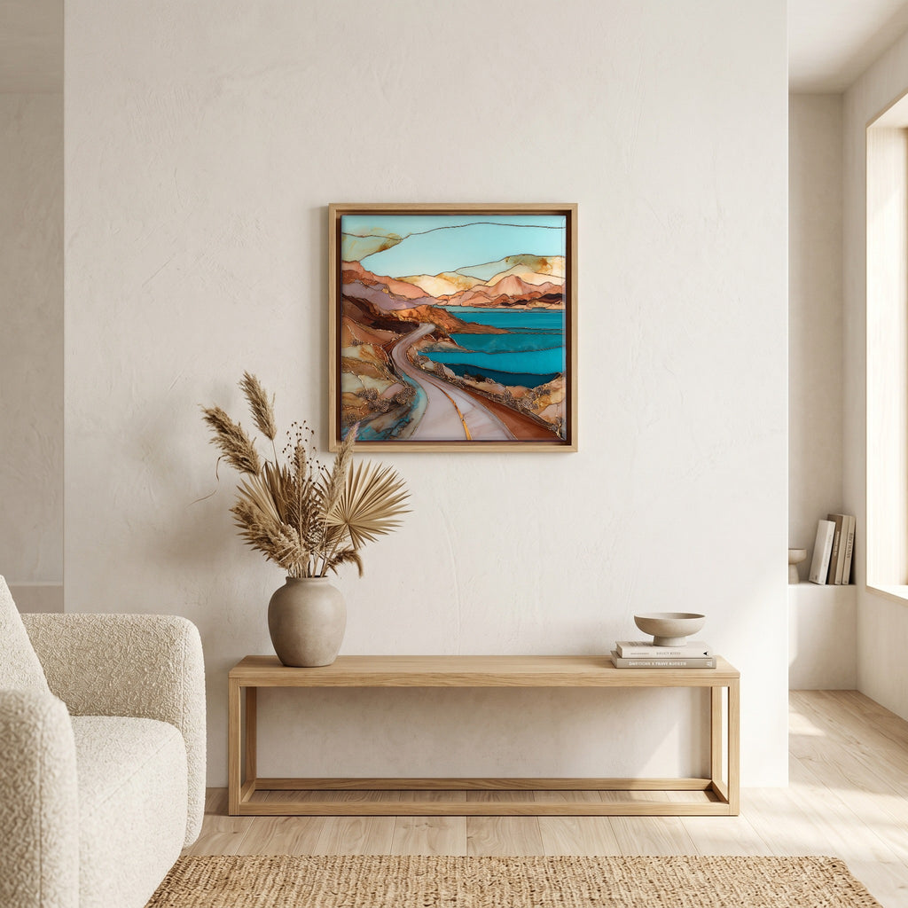 In the living room, above the sofa.